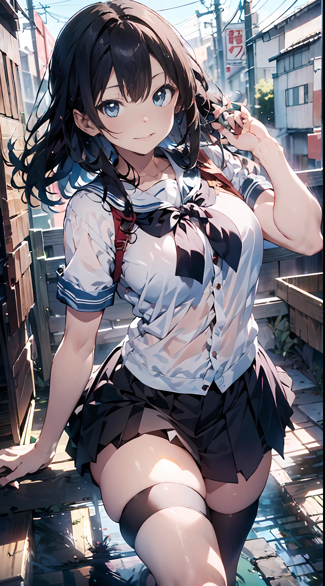 Anime style illustration, A high resolution, Ultra detailed, (1girll:1.3), (Dynamic pose):1.0 BREAK, Cowboy shot, (Pale skin:1.3), ((Detailed blue eyes)), (Bokeh effect), (Dynamic Angle), 1 The extremely beautiful and charming anime Kamo River, (Wearing schoolgirl clothing, Pink sailor shirt and dark gray pleated skirt, Black stockings), Break, She has a brown wavy double-sided upward haircut, Medium-breasted, Light smile, cheerfulness, Wind, 8 life size, Detailed clothes, Detailed body, detailed arms, human hand, Detailed hands, Perfect nose, Blush, Light smile, Pink lip gloss, looking a viewer, Facing the viewer, sexy model posing, extremely leaning forward against the viewer, Studio soft light, Cinematic light, Detailed background, Realistic, Ultra-realistic, Masterpiece, 32k ultra-sharp image, Japanese anime waifu, concept art by Kyoto animation, Makoto Shinkai,