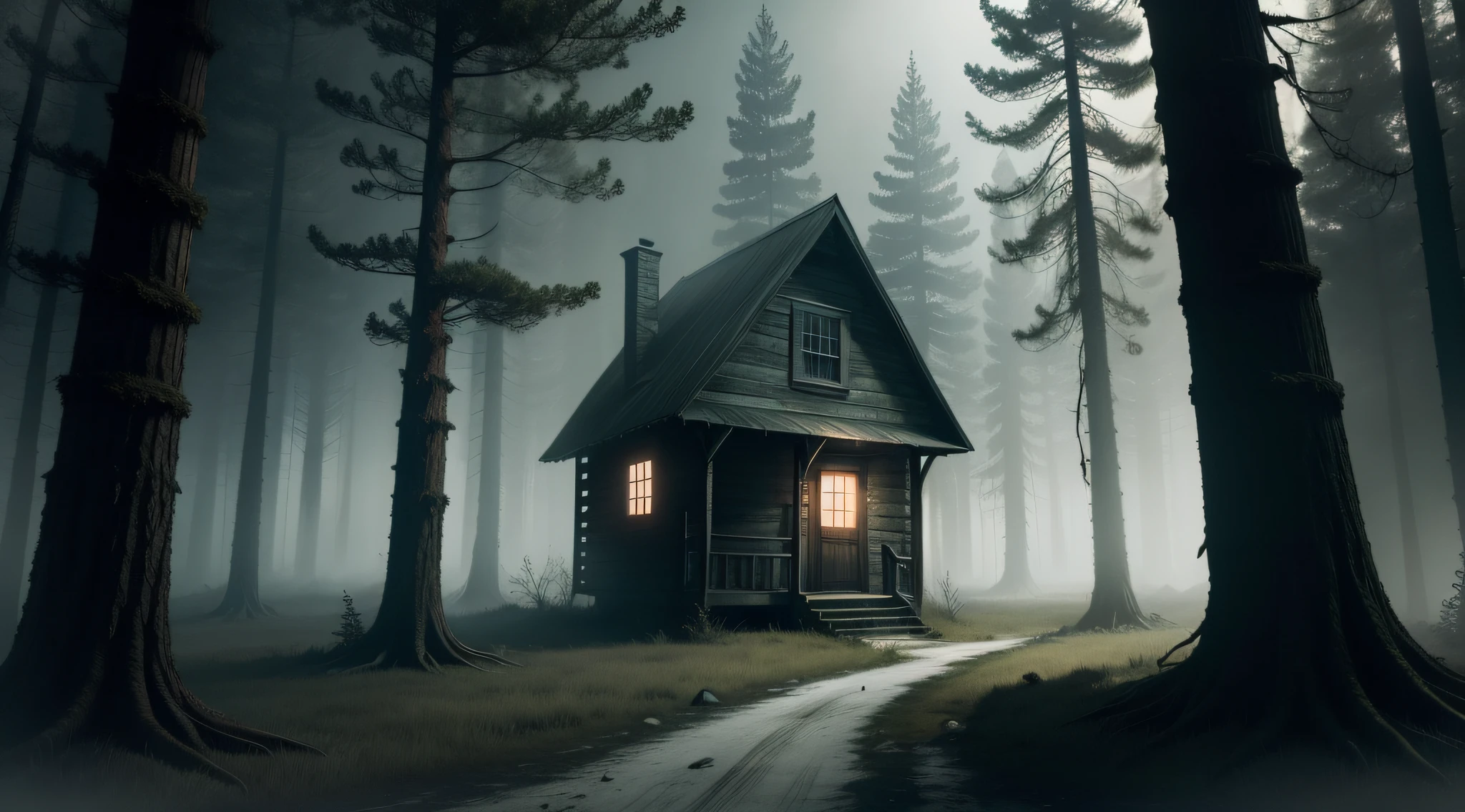 "Creepy cabin in a dark, eerie forest, Silent Hill style."