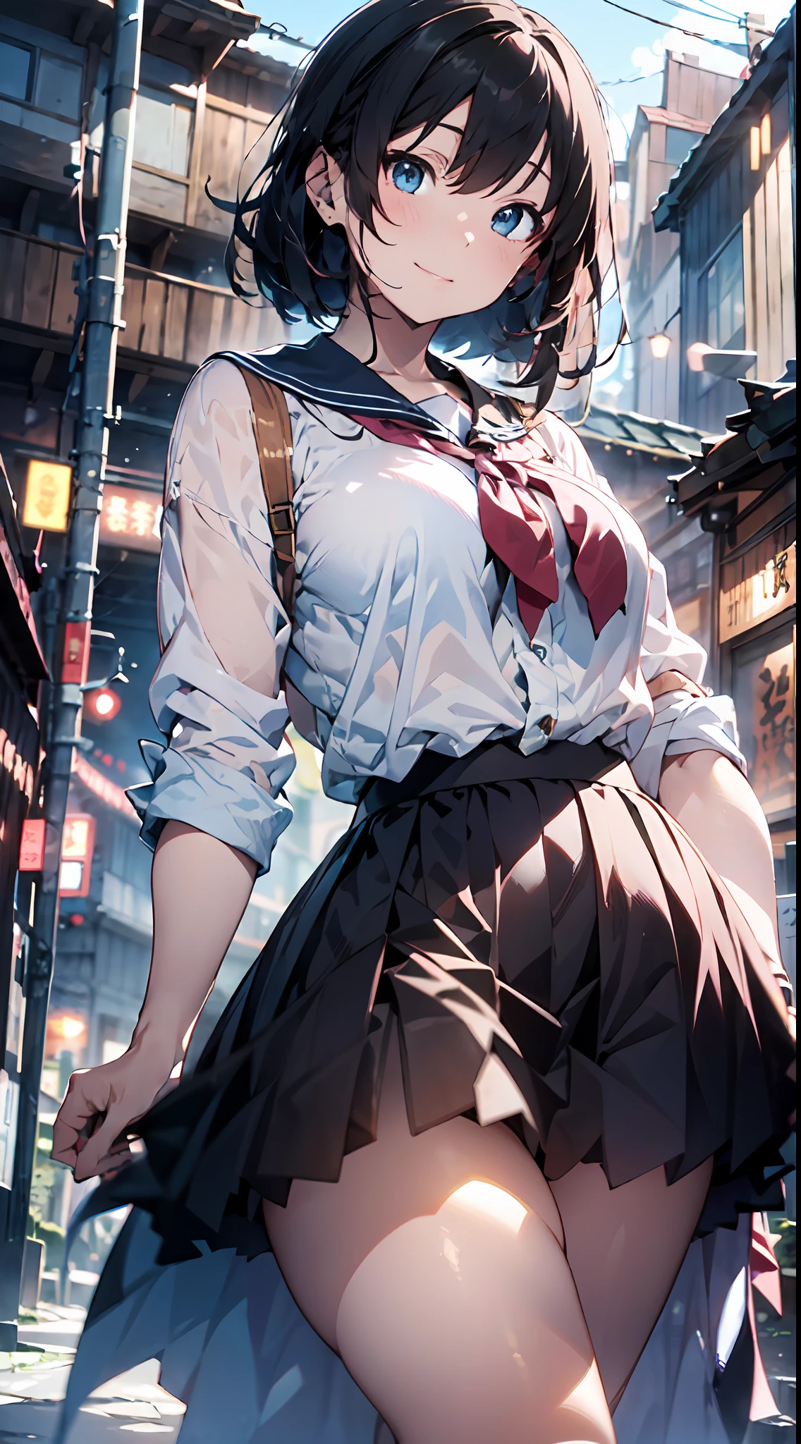 Anime style illustration, A high resolution, Ultra detailed, (1girll:1.3), (Dynamic pose):1.0 BREAK, Cowboy shot, (Pale skin:1.3), ((Detailed blue eyes)), (Bokeh effect), (Dynamic Angle), 1 The extremely beautiful and charming anime Kamo River, (Wearing schoolgirl clothing, Pink sailor shirt and dark gray pleated skirt, Black stockings), Break, She has a brown wavy double-sided upward haircut, Medium-breasted, Light smile, cheerfulness, Wind, 8 life size, Detailed clothes, Detailed body, detailed arms, human hand, Detailed hands, Perfect nose, Blush, Light smile, Pink lip gloss, looking a viewer, Facing the viewer, sexy model posing, extremely leaning forward against the viewer, Studio soft light, Cinematic light, Detailed background, Realistic, Ultra-realistic, Masterpiece, 32k ultra-sharp image, Japanese anime waifu, concept art by Kyoto animation, Makoto Shinkai,