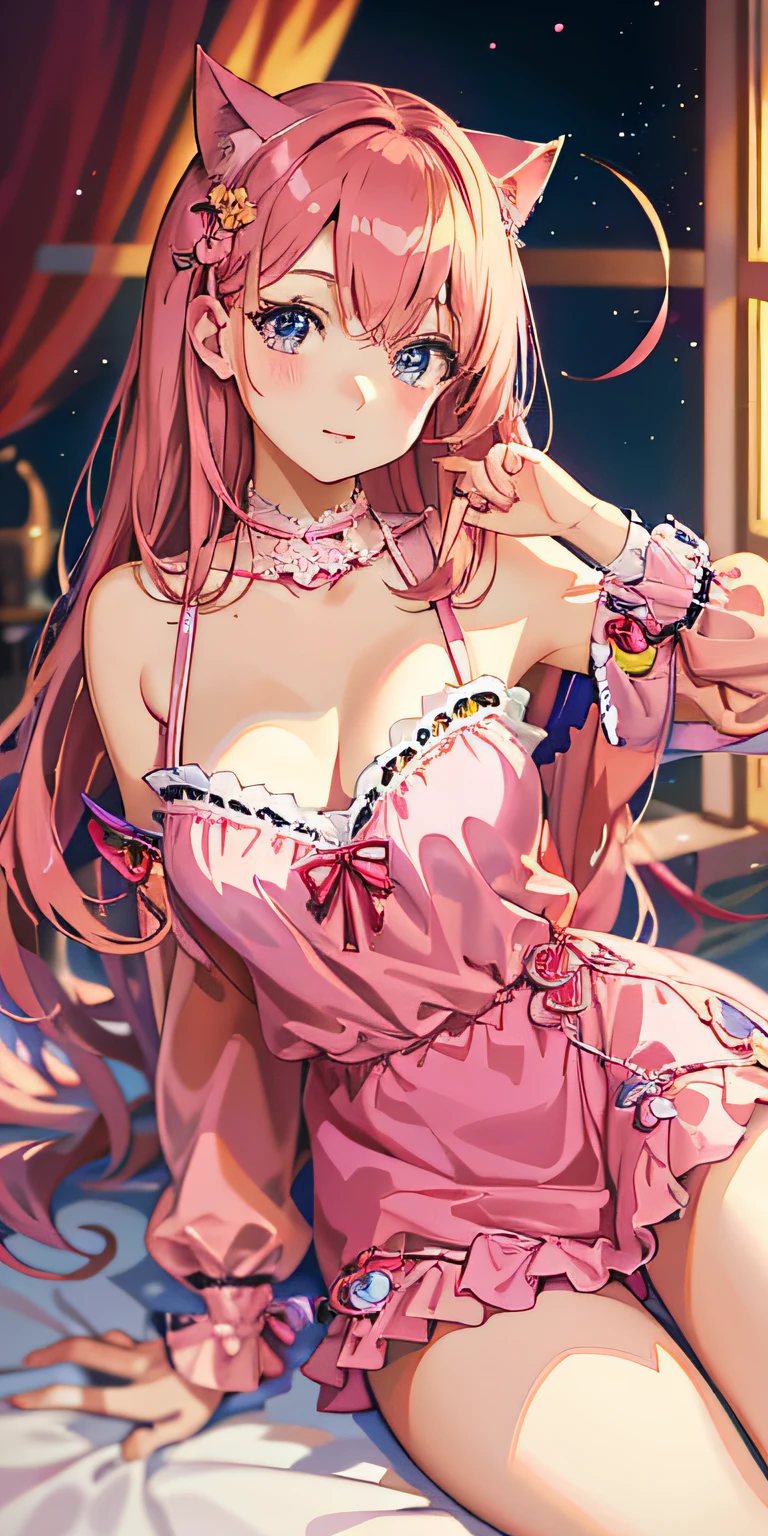 Anime girl sitting on bed in pink dress，Has cat ears, seductive anime girls, beautiful and seductive anime woman, cute anime waifu in a nice dress, beautiful alluring anime , Digital art on Pisif , Detailed digital anime art, Anime goddess, Beautiful anime girl, Pisif, Pisif 3DCG, trending on artstation pixiv, Beautiful anime woman