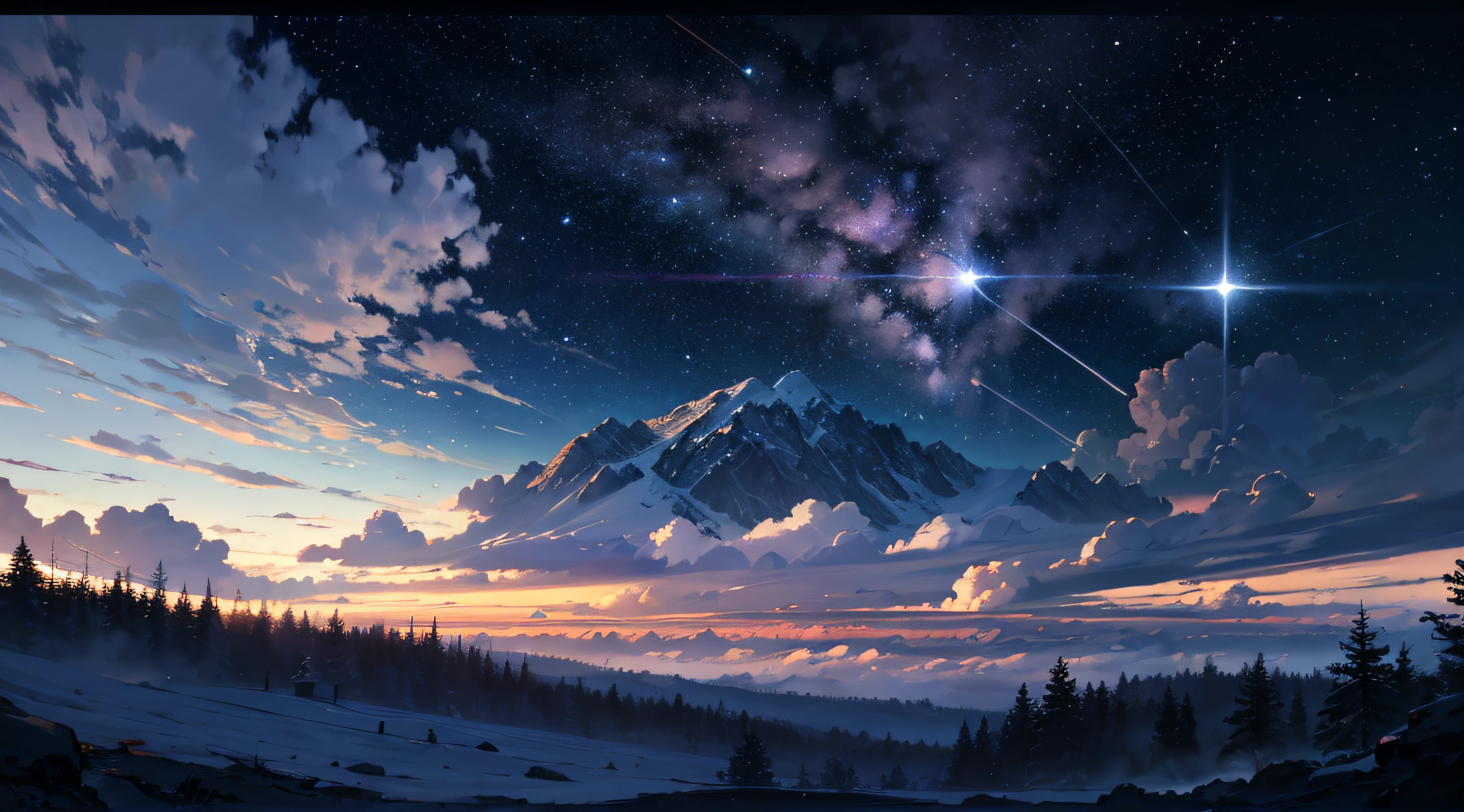 Expansive landscape photograph，（moon full：1.2），（meteors：0.9），（Starcloud：1.3），（Warm light source：1.2），（glowworm：1.2），lamp lights，Lots of purple and orange，Complicated details，Volumetriclighting，Realism BREAK（tmasterpiece：1.2），（best qualtiy），8K，Ultra-detailed，（dynamic compositions：1.4），The is very detailed，Colorful details，（Irridescent color：1.2），（luminouslighting，Atmospheric lighting），dream magical，magical，（独奏：1.2），（（best qualtiy））， （（tmasterpiece））， （the detail：1.4），depth of fields，maximum definition and sharpness，perfectly proportions，Fluttering clouds，Wallpapers
