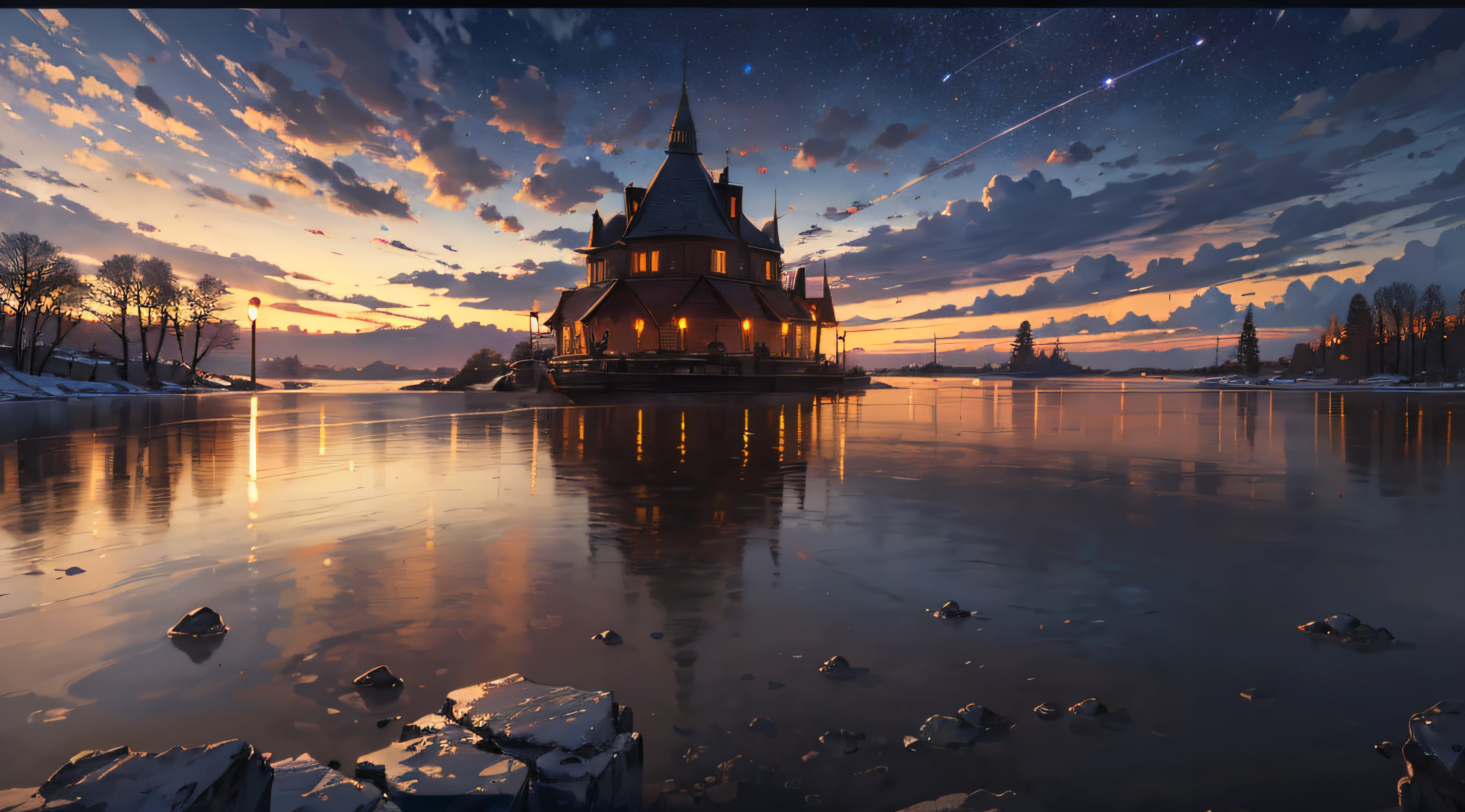 Expansive landscape photograph,(moon full:1.2),(meteors:0.9),(Starcloud:1.3),(Warm light source:1.2),(glowworm:1.2),lamp lights,Lots of purple and orange,Complicated details,Volumetriclighting,Realism BREAK(tmasterpiece:1.2),(best qualtiy),8K,Ultra-detailed,(dynamic compositions:1.4),The is very detailed,Colorful details,(Irridescent color:1.2),(luminouslighting,Atmospheric lighting),dream magical,magical,(独奏:1.2),((best qualtiy)), ((tmasterpiece)), (the detail:1.4),depth of fields,maximum definition and sharpness,perfectly proportions,Fluttering clouds,Wallpapers