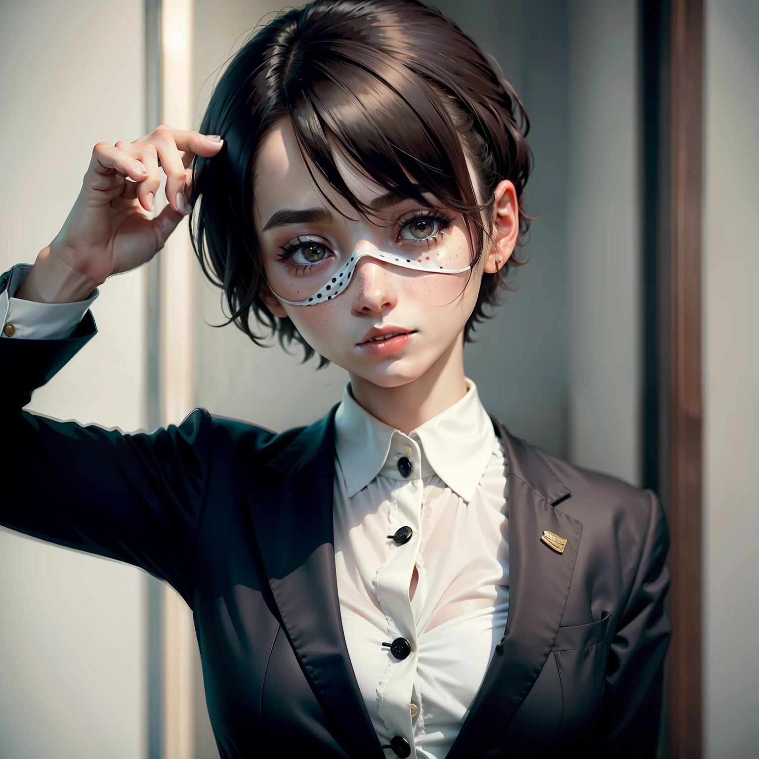 A European woman,freckle,blindfolds、suit、Short hair