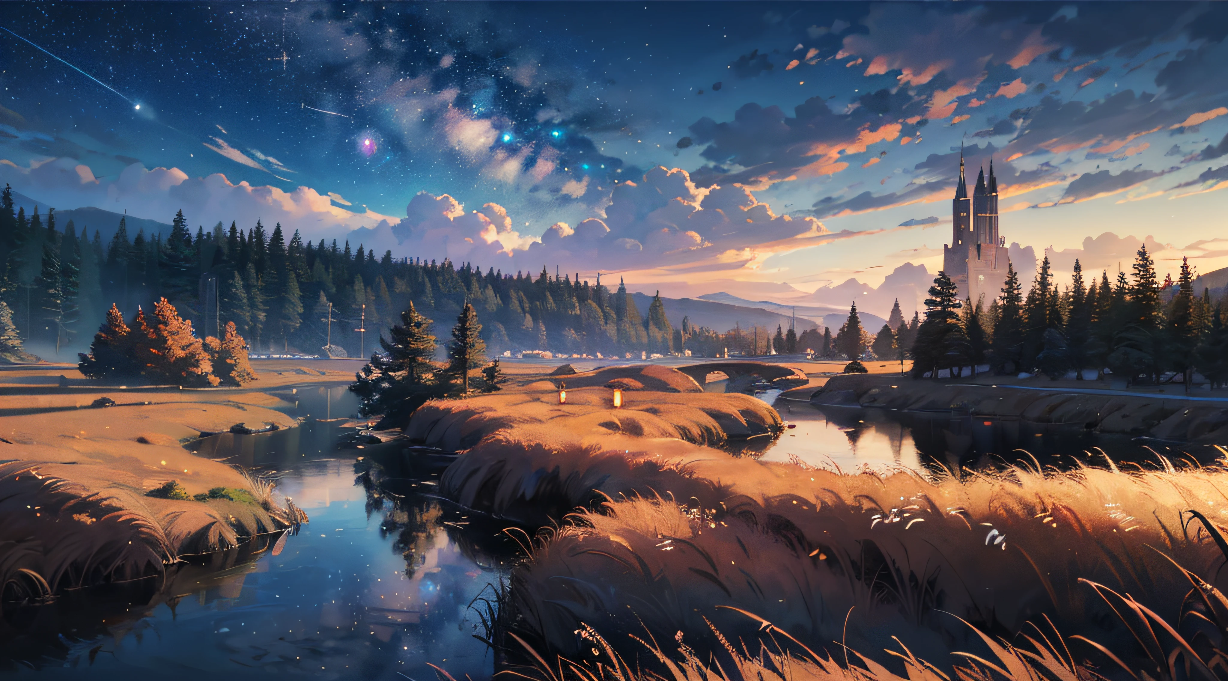 Expansive landscape photograph,(moon full:1.2),(meteors:0.9),(Starcloud:1.3),(Warm light source:1.2),(glowworm:1.2),lamp lights,Lots of purple and orange,Complicated details,Volumetriclighting,Realism BREAK(tmasterpiece:1.2),(best qualtiy),8K,Ultra-detailed,(dynamic compositions:1.4),The is very detailed,Colorful details,(Irridescent color:1.2),(luminouslighting,Atmospheric lighting),dream magical,magical,(独奏:1.2),((best qualtiy)), ((tmasterpiece)), (the detail:1.4),depth of fields,maximum definition and sharpness,perfectly proportions,Fluttering clouds,Wallpapers