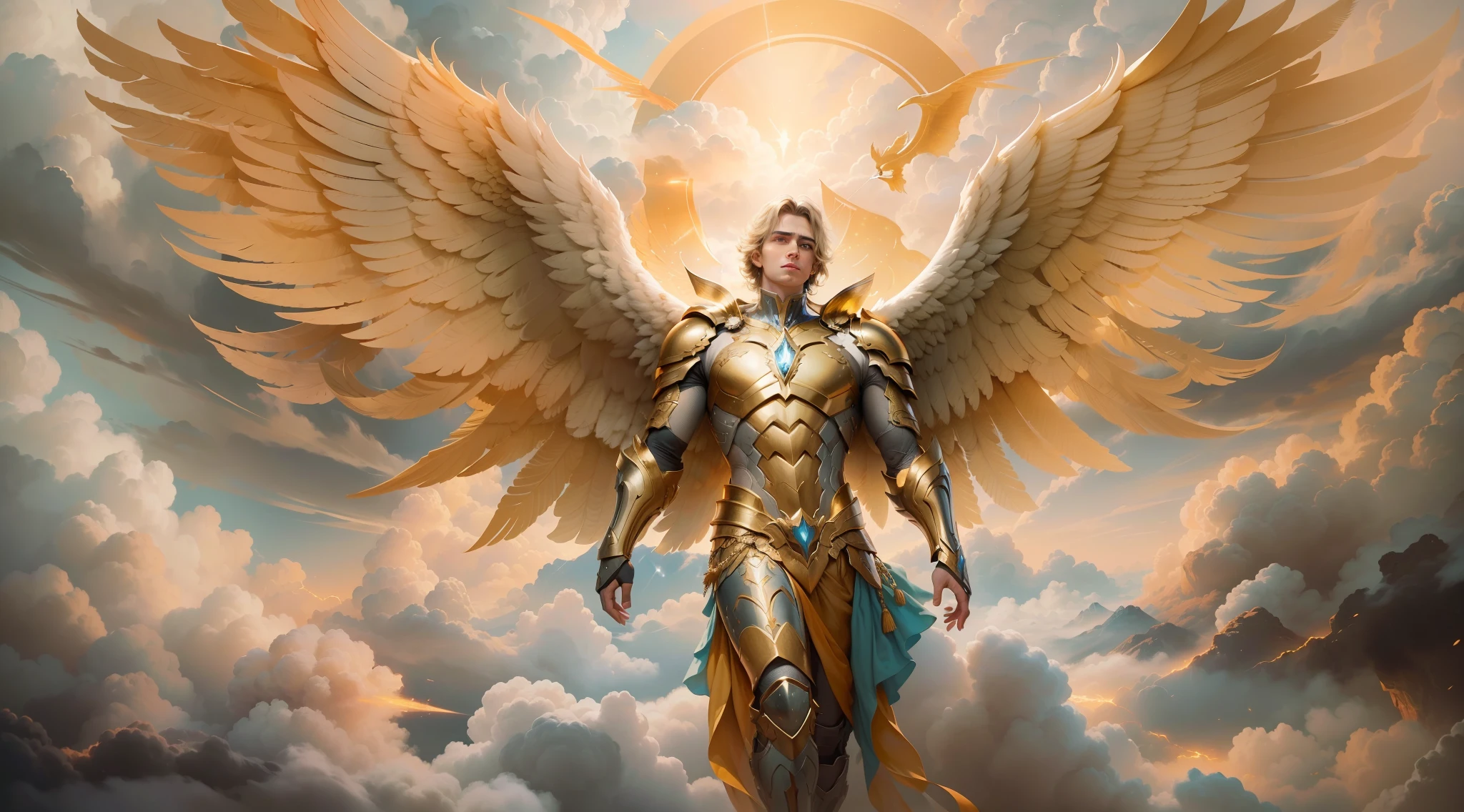 (papel de parede 8k extremamente detalhado), uma pintura realista de um Anjo (masculino) com rosto bem detalhado e perfeito, com armadura dourada em seu peito, with detailed wings amid the clouds in the sky with golden lights, intrincado, alto detalhe, Dramatic