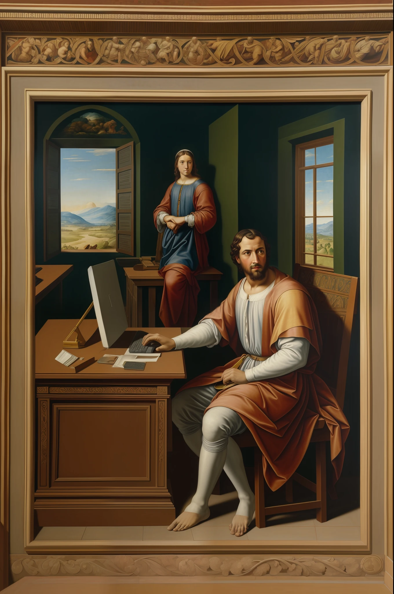 painting of a man sitting at a desk in a room with a computer, renaissance mural, ultra detailed mural, murals, wall painting, intricate mural, fresco painting, symbolic mural, wall mural, historical painting, masterpiece work of art, mural art, artist unknown, renaissance style painting, academic painting, artwork roman mosaic, high - relief sculpture scene, large scale scene