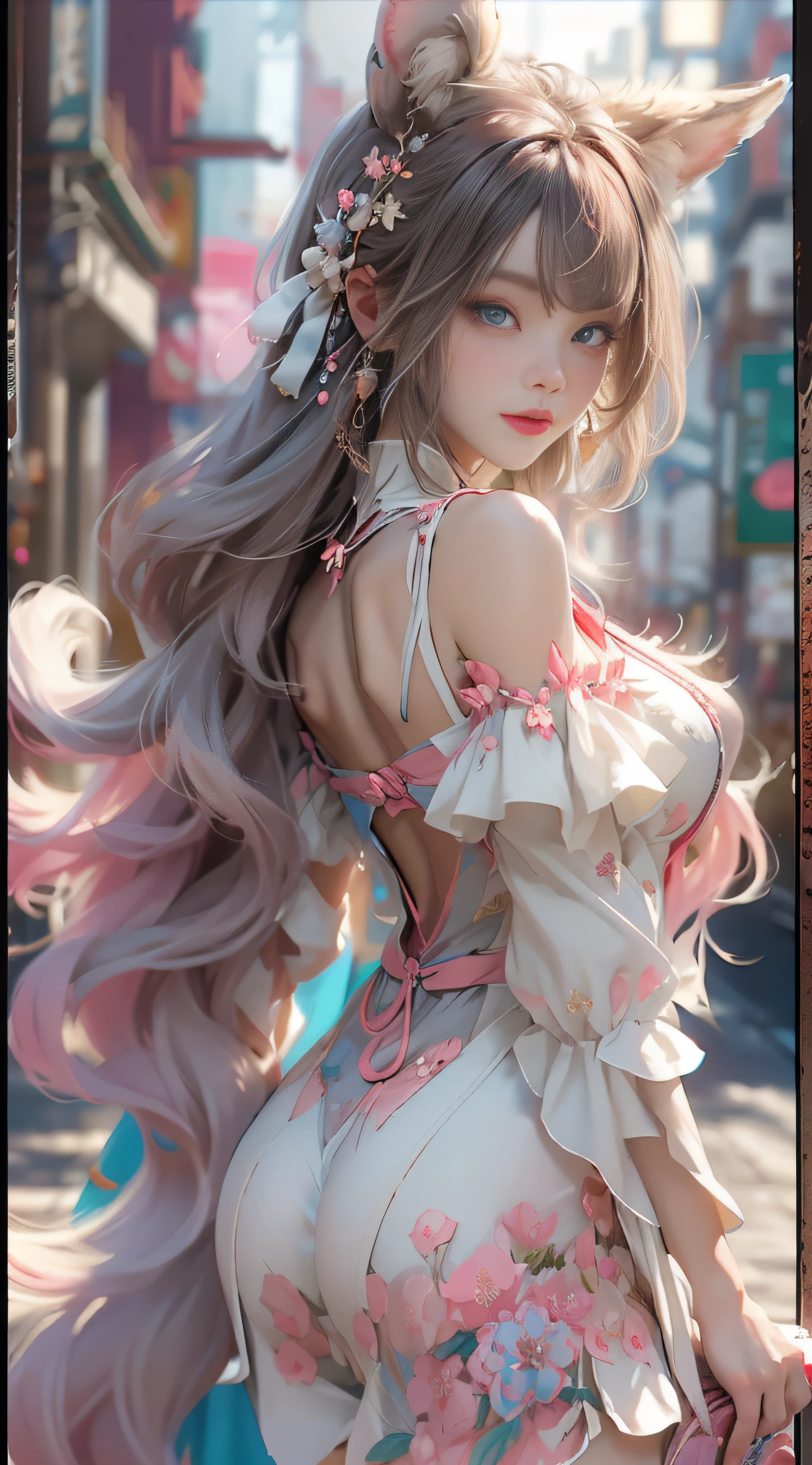 ((best qualtiy)), ((tmasterpiece)), (detail:1.4), Beautiful cyberpunk female images,hdr(HighDynamicRange),Ray traching,NVIDIA RTX,Hyper-Resolution,illusory ub surface scaing,PBR textures,post-proces,Anisotropy Filtering,depth of fields,maximum definition and sharpness,Many-Layer Textures,Albedo e mapas Speculares,Surface coloring,Mitsu-Accurate simulation of material interacctly proportioned,rendering by octane,Two-colored light,largeaperture,Low ISO,White balance,Rule three points、8K raw data、Beautiful bright blue pupils,off-the-shoulder clothes,Fine pupils,Delicate face and eyes,long eyelasher,Blushlush,Delicate and fluffy hair,pink lip,Pure,Cute face,Sweet girl,Artistic sense,Casual wear,Advancedsense,butterflys,Cherry som petal,Beautiful hair accessories,Long hair and waist,Hair fluttering in the wind,Snow-white fox ears,curlies,Snow-white fluffy tail,Positive light,The light from the back window is backlighted