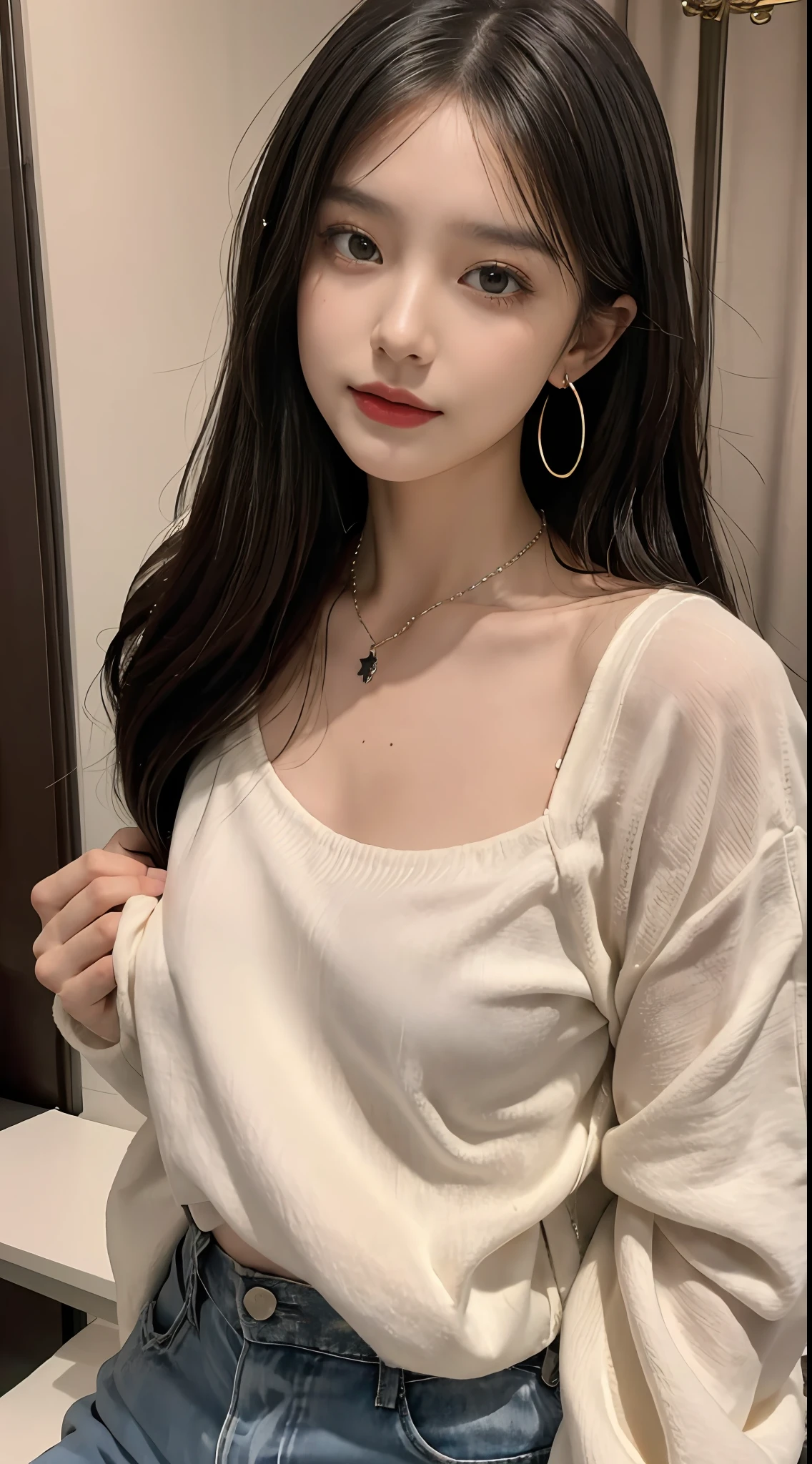 (tmasterpiece)，Best quality at best，8K分辨率，3D，A beautiful girl，Wear suspenders，With a necklace，There is a beauty mole under the corner of the left eye ，perfect body figure，((Beautiful detailed face))，(full bodyesbian:1.2)，Black color hair（Untidy），Delicate makeup，Redlip，Oily lips，long eyelasher，With silver earrings，Big bright eyes，eye shadows，Lying silkworm，cinmatic lighting，cute female child，Works of masters，high detal，The picture is colorful，Light and shadow details，Extremely delicate beautiful girl，Supple and fair skin，Exquisite facial features，s the perfect face，Stunning beauty，extremy detailed，Realistic details，face to the viewer，, sharp fokus:1.2, 1girll