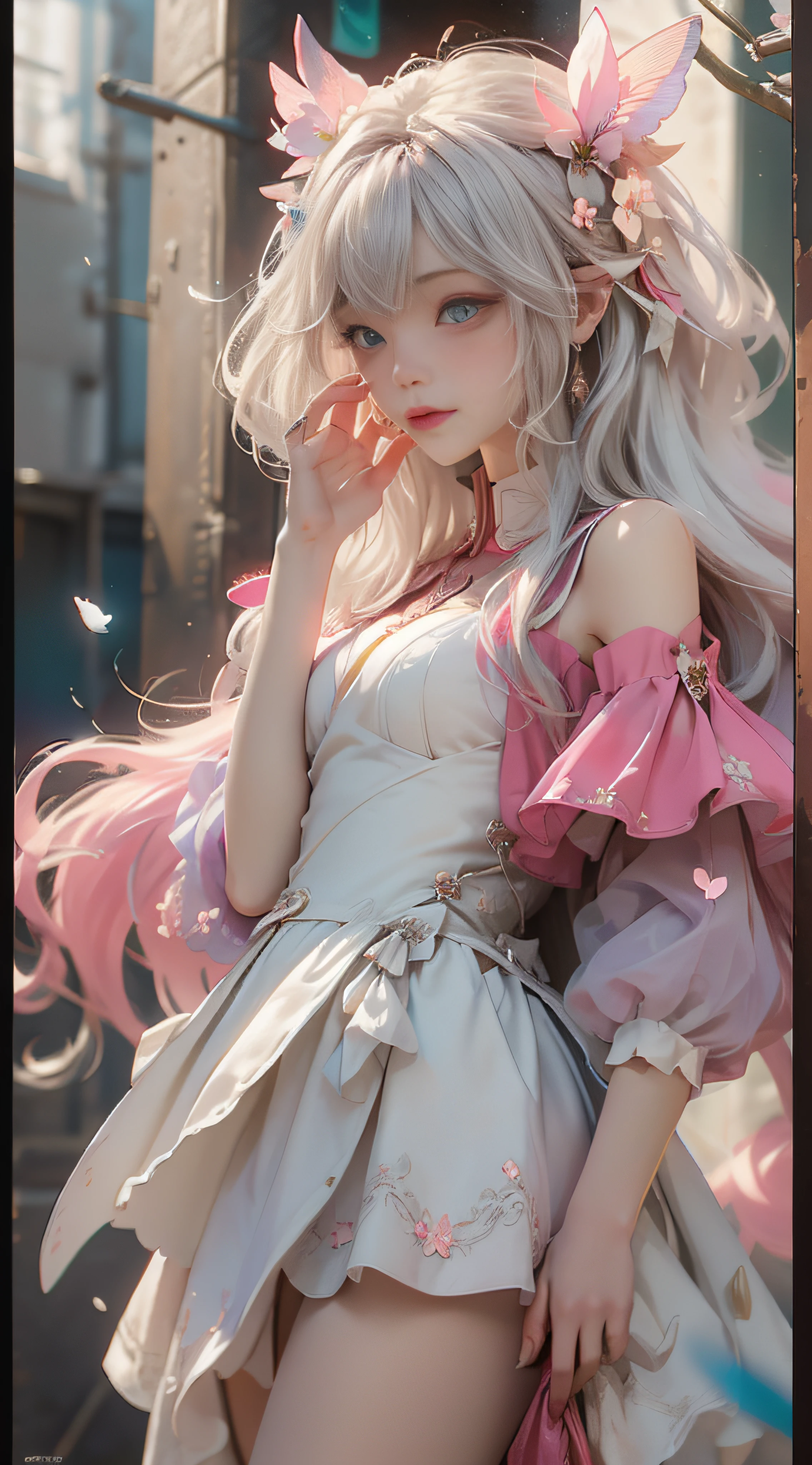 （（best qualtiy））， （（tmasterpiece））， （detail：1.4）， Beautiful cyberpunk female images，hdr（HighDynamicRange），Ray traching，NVIDIA RTX，Hyper-Resolution，illusory 5，sub surface scattering，PBR textures，post-proces，Anisotropy Filtering，depth of fields，maximum definition and sharpness，Many-Layer Textures，Albedo e mapas Speculares，Surface coloring，Mitsu-Accurate simulation of material interactions，perfectly proportioned，rendering by octane，Two-colored light，largeaperture，Low ISO，White balance，Rule three points、8K raw data、Beautiful bright blue pupils，off-the-shoulder clothes，Fine pupils，Delicate face and eyes，long eyelasher，Blushlush，Delicate and fluffy hair，pink lip，Pure，Cute face，Sweet girl，Artistic sense，Casual wear，Advancedsense，butterflys，Cherry blossom petal，Beautiful hair accessories，Long hair and waist，Hair fluttering in the wind，Snow-white fox ears，curlies，Snow-white fluffy tail，Positive light，The light from the back window is backlighted