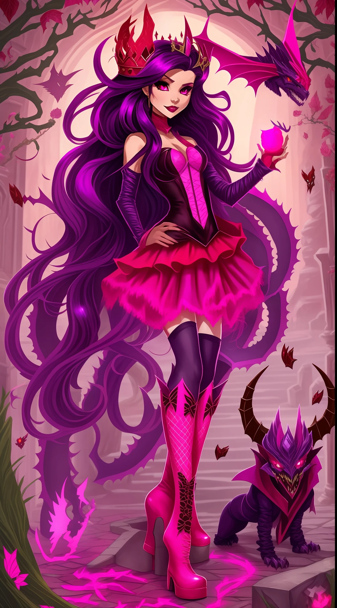 Scarlet Witch and Dracolaura Monster High Fusion, Sexy Body Long black hair with red streaks, full body, Magic, Flying, Costume dress with pink frill, gothic boots with padlocks, Crown, Pink eyes, Powerful, pretty face, graveyard background