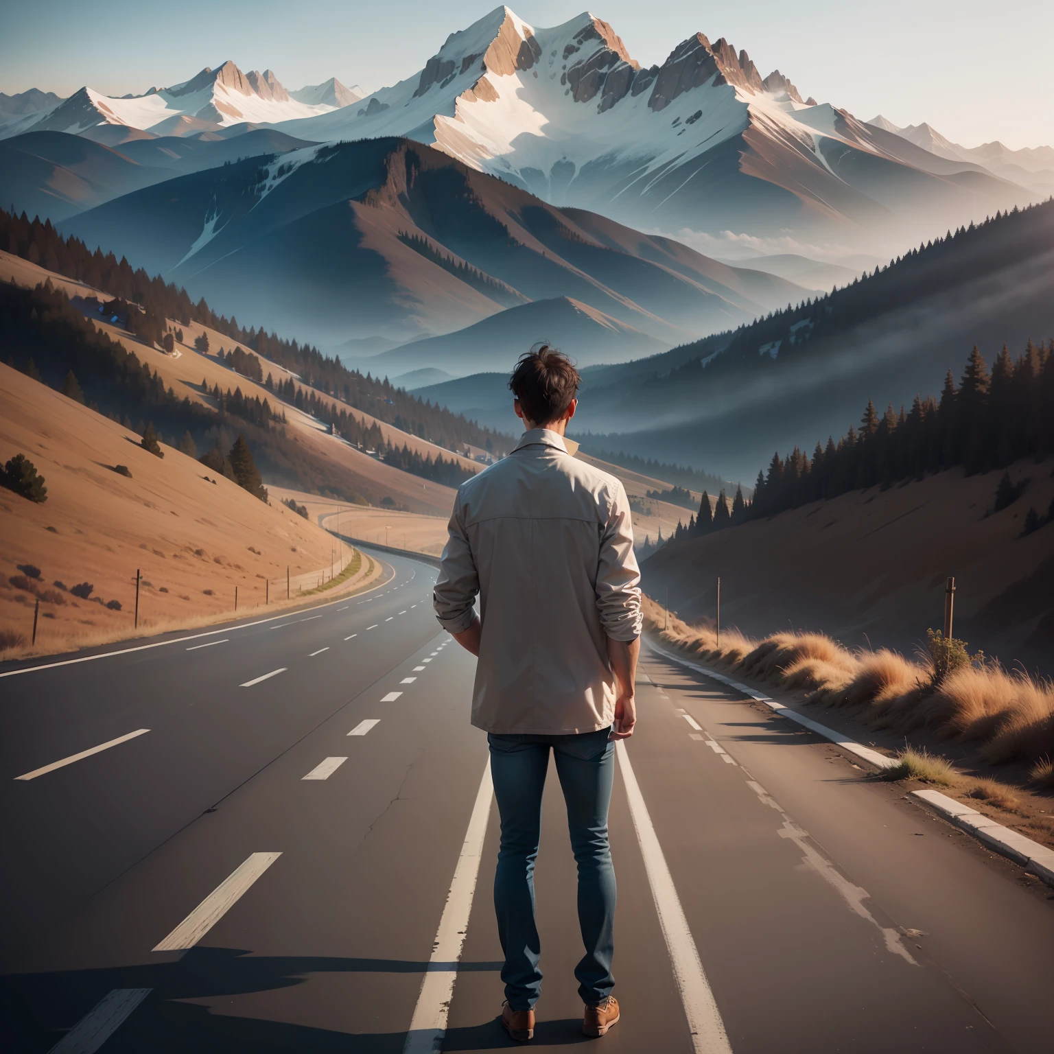 man, dressed, unrealistic, standing on the road, pensive, looking at the horizon (mountains) and thinking