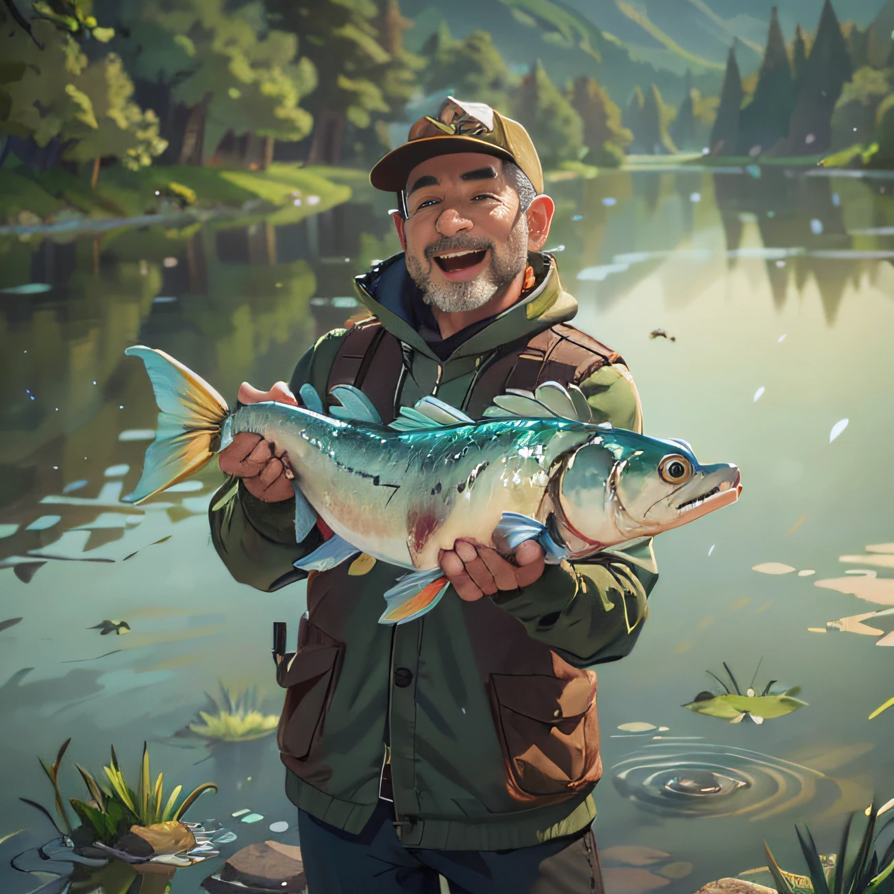 The adult man holds a fish in his arms,Standing by the lake,Faint ripples,His face showed an expression of extreme happiness。