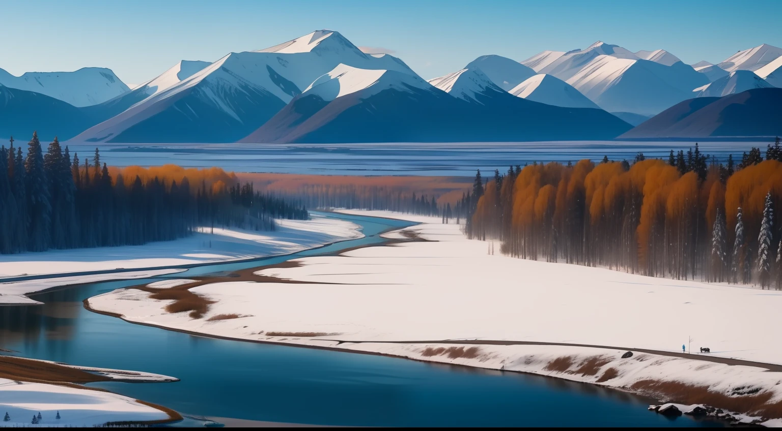 Eagles soar over the Nordic land，There are bears on the ground、reindeer、antelope，A meandering river，Walk through the taiga，Straight to the snow-capped mountains in the distance