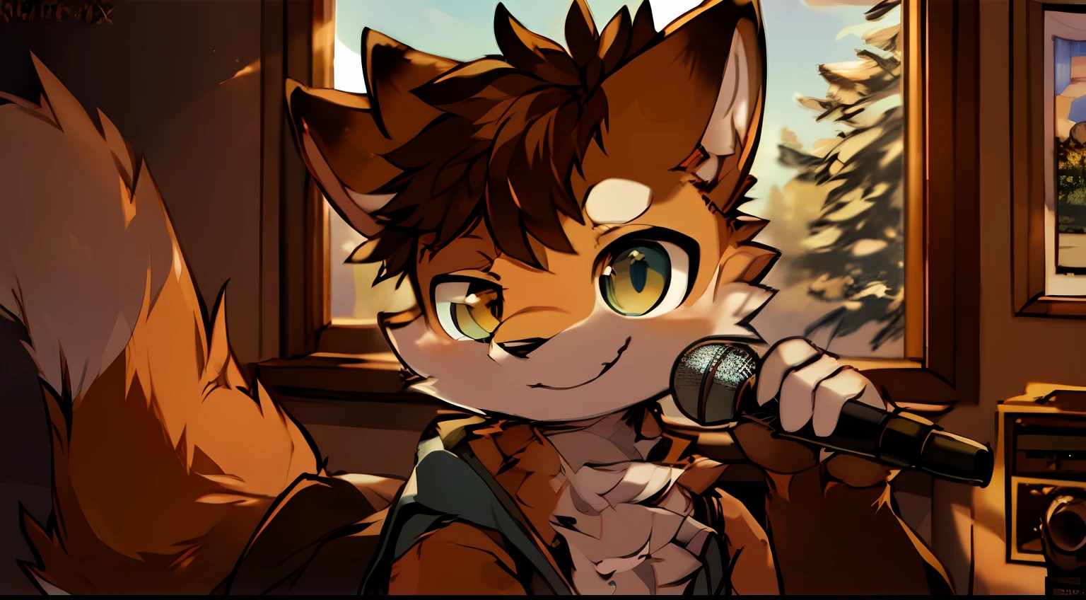 A squirrel leaning against the window holding a microphone style picture, Sly smile, commission on furaffinity, cute portrait, fursona art, cute smiling, furaffinity commission, Squirrel supplement, A squirrel, Anthropomorphic squirrel, cunning expression, fursona furry art commission