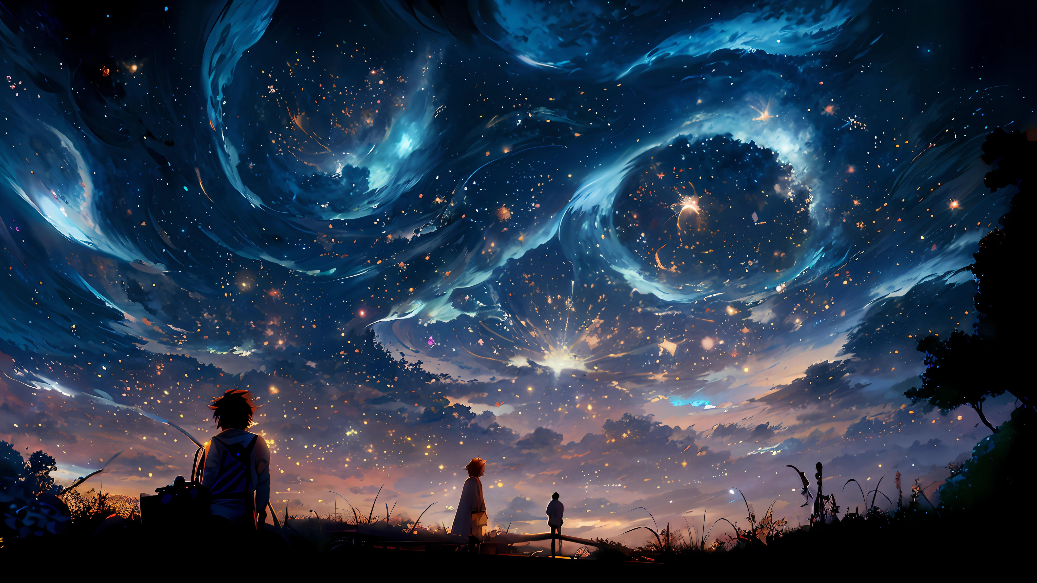 anime scene of a couple of people standing under a starr sky, 4k highly detailed digital art, beautiful art uhd 4 k, makoto shinkai cyril rolando, inspired by Cyril Rolando, anime art wallpaper 4k, anime art wallpaper 4 k, starry sky 8 k, cyril rolando and goro fujita --auto --s2