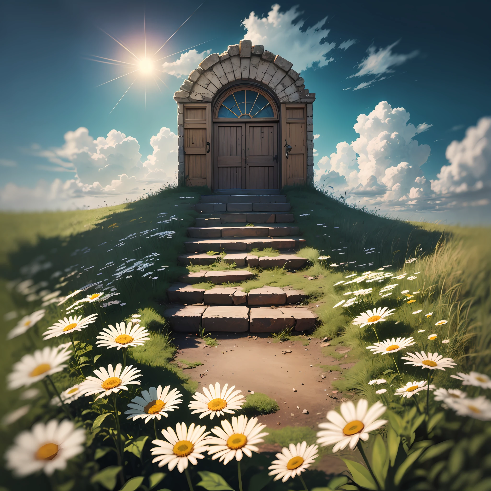 Entrance to heaven. Spacious field of daisies. There are only stairs and a door. There is no building. There are no walls. A wooden staircase leads up to a closed door. Behind the Door is the sky with clouds. Old wooden steps, railings are dilapidated and crumbling. Everything is old and worn out. Disney cartoon style. super photorealistic, cinematic, lots of detail, against a black blurred background --auto --s2