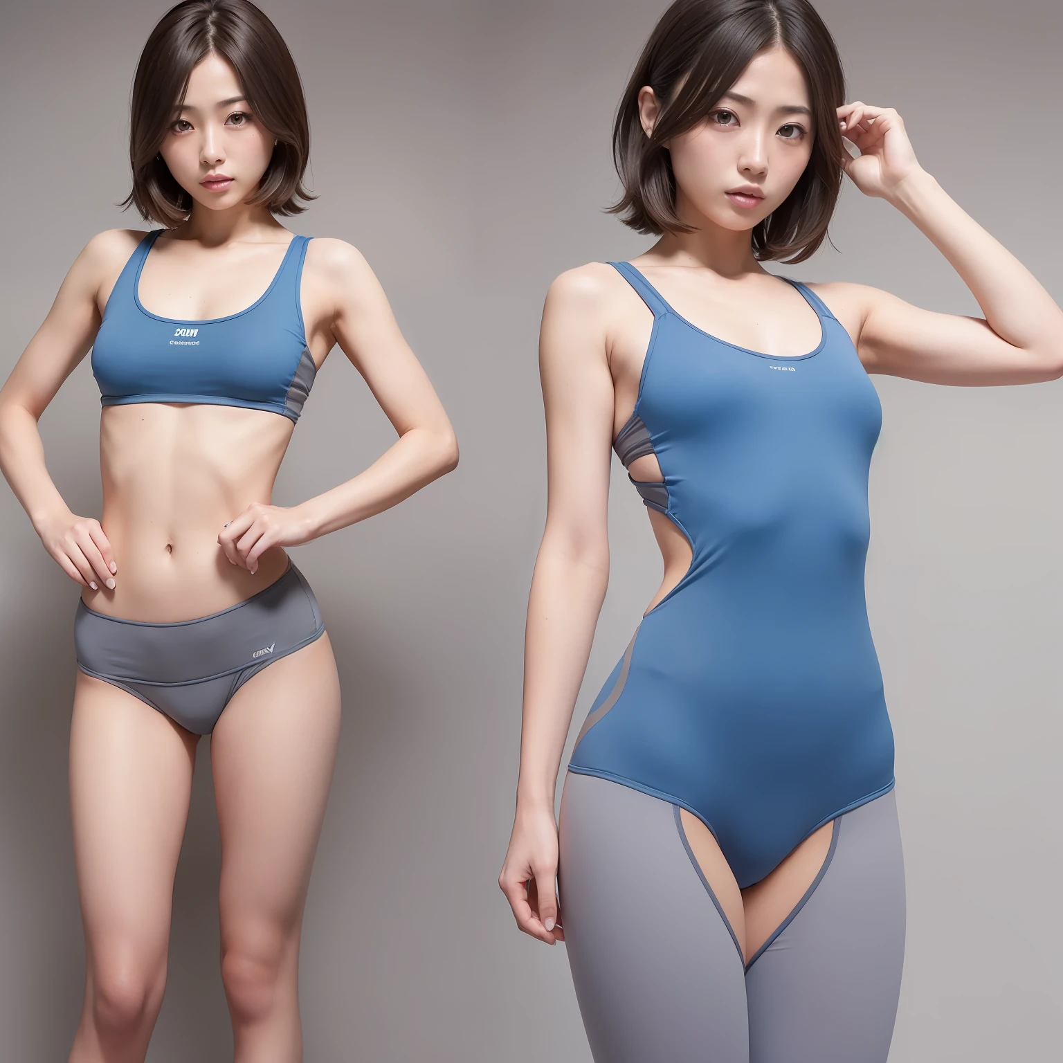 (Solo), (a detailed full-body RAW photo of a girl), (masutepiece:1.0), (Best Quality:1.4), (超A high resolution:1.2), (Photorealistic:1.4), 8K resolution, Canon EOS R5, 50 millimeters, absurderes, ultra-detailliert, (25 year old), Cinematic lighting, Detailed beautiful face, (no-makeup:1.2), (ulzzang -6500-v1.1), petite figure, Detailed skin texture, (flat chest:1.4), (skinny and fit body:1.6), Detailed brown hair, sweltering,(Very short hair:1.5), See Through wear, (blue and gray tight sports wear:1.5), More transparent, low rise, realistic glistening skin, Detailed texture, Cameltoe, well-developed abs, erect nipples, wet wear, (satomi ishihara), stylish porse, looks lively, nipple forus,