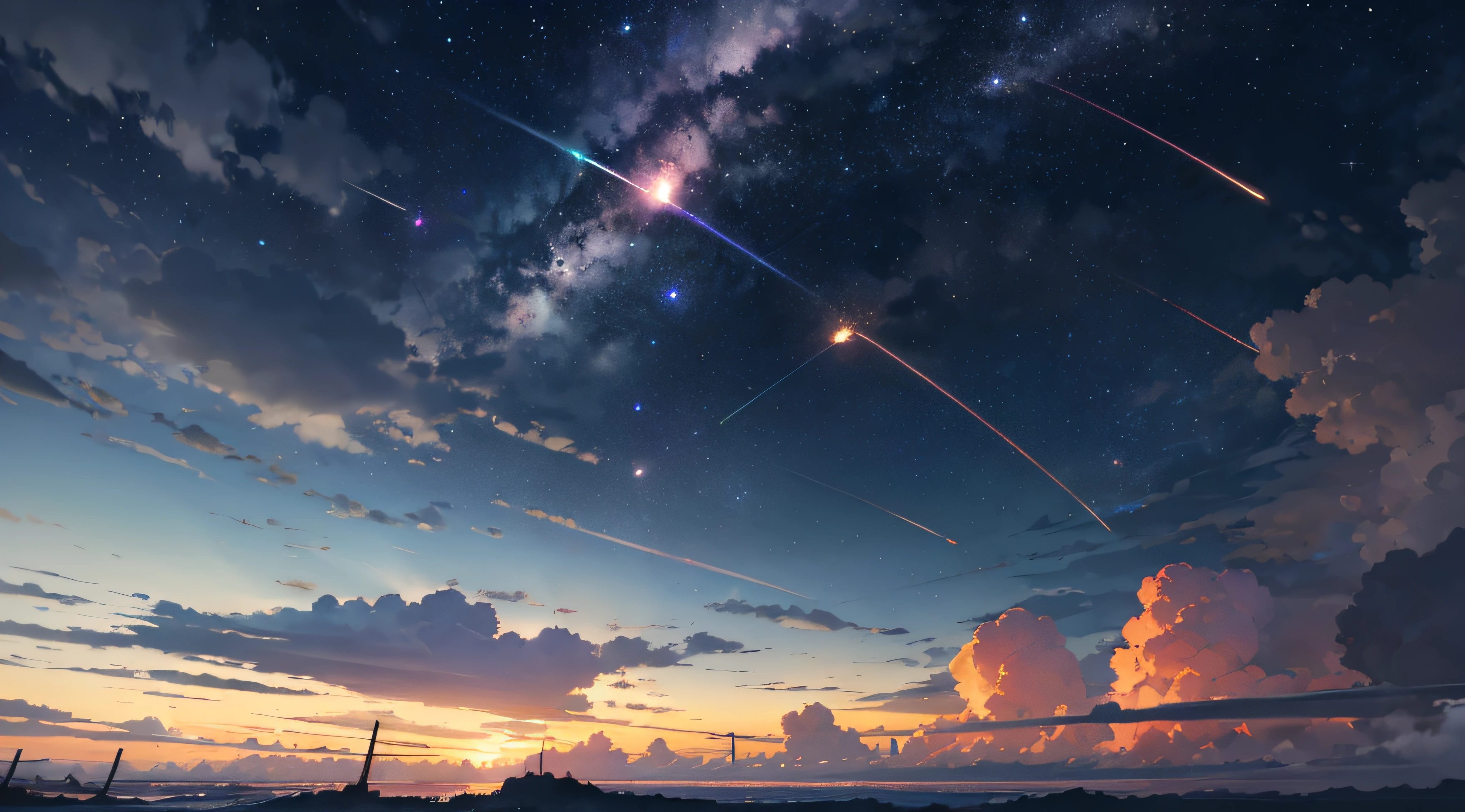 Expansive landscape photograph，（moon full：1.2），（meteors：0.9），（Starcloud：1.3），（Warm light source：1.2），（glowworm：1.2），lamp lights，Lots of purple and orange，Complicated details，Volumetriclighting，Realism BREAK（tmasterpiece：1.2），（best qualtiy），8K，Ultra-detailed，（dynamic compositions：1.4），The is very detailed，Colorful details，（Irridescent color：1.2），（luminouslighting，Atmospheric lighting），dream magical，magical，（独奏：1.2），（（best qualtiy））， （（tmasterpiece））， （the detail：1.4），depth of fields，maximum definition and sharpness，perfectly proportions，Fluttering clouds，Wallpapers