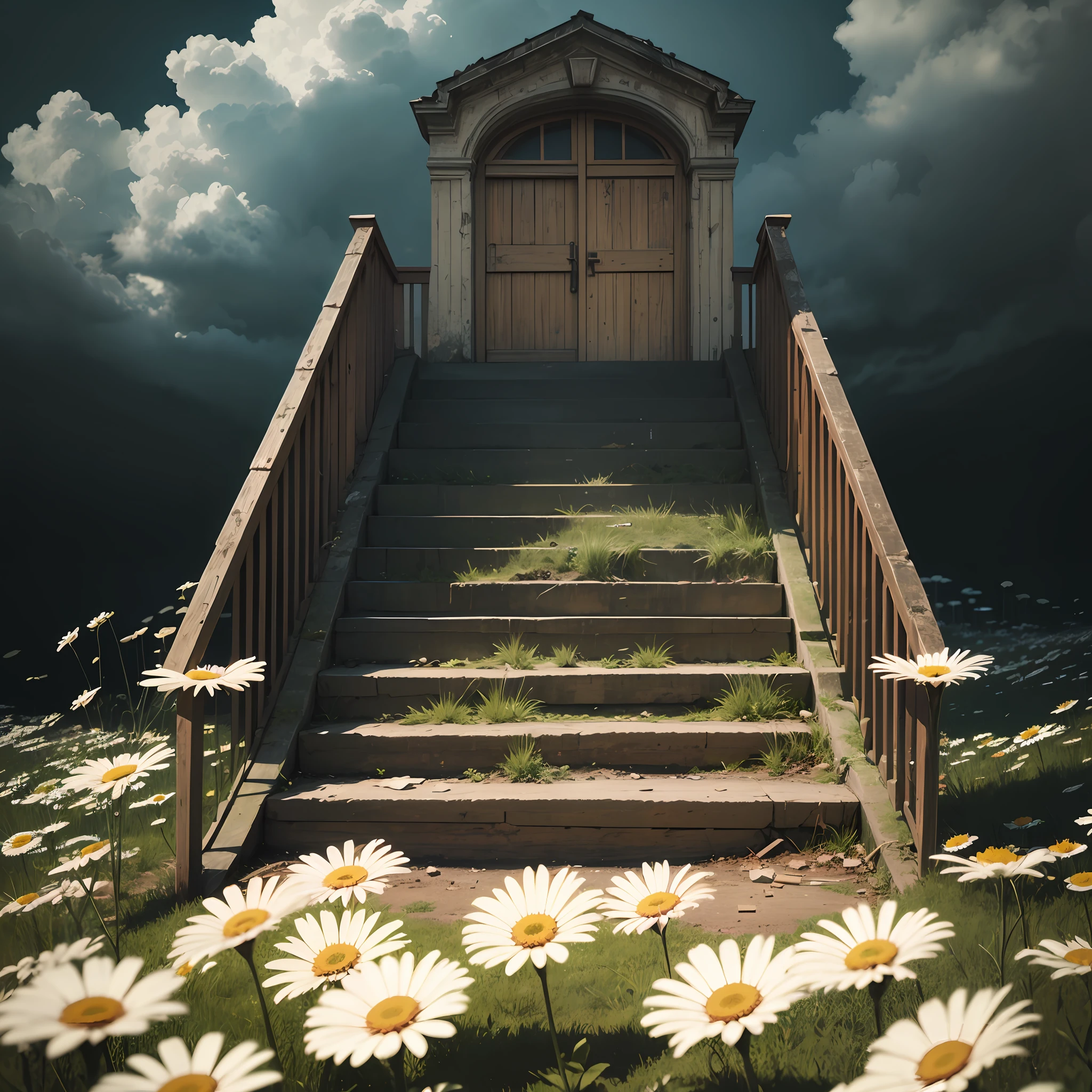 Entrance to heaven. Spacious field of daisies. There are only stairs and a door. There is no building. There are no walls. A wooden staircase leads up to a closed door. Behind the Door is the sky with clouds. Old wooden steps, railings are dilapidated and crumbling. Everything is old and worn out. Disney cartoon style. super photorealistic, cinematic, lots of detail, against a black blurred background --auto --s2