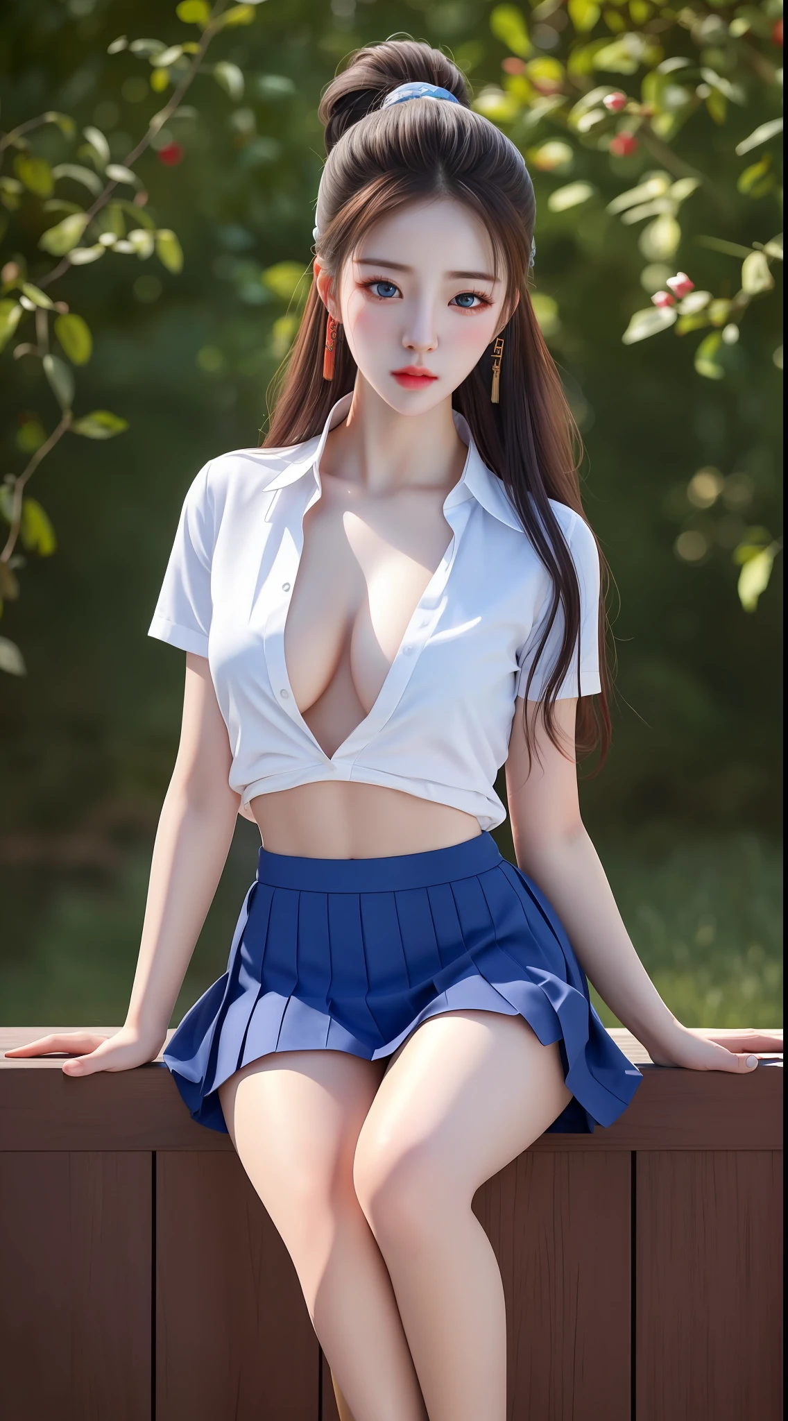 (hyperrealistic), (illustration), (high resolution), (8K), (extremely detailed), (best illustration), (beautiful detailed eyes), (best quality), (ultra-detailed), (masterpiece), (wallpaper), (photorealistic:1.4), (natural light), (rim lighting), (detailed face), high detailed realistic skin texture, anatomically correct, solo, 1 girl, (high detailed realistic long hair:1.25), ponytail contorted, (beautiful Rosy Zhao:1.5), (beautiful cute European girl:1.7), heterochromic eyes, (detailed blue eyes), small moles under the eyes, (big breasts:1.35), Korean High School uniforms, long legs, tight abs, dynamic pose,