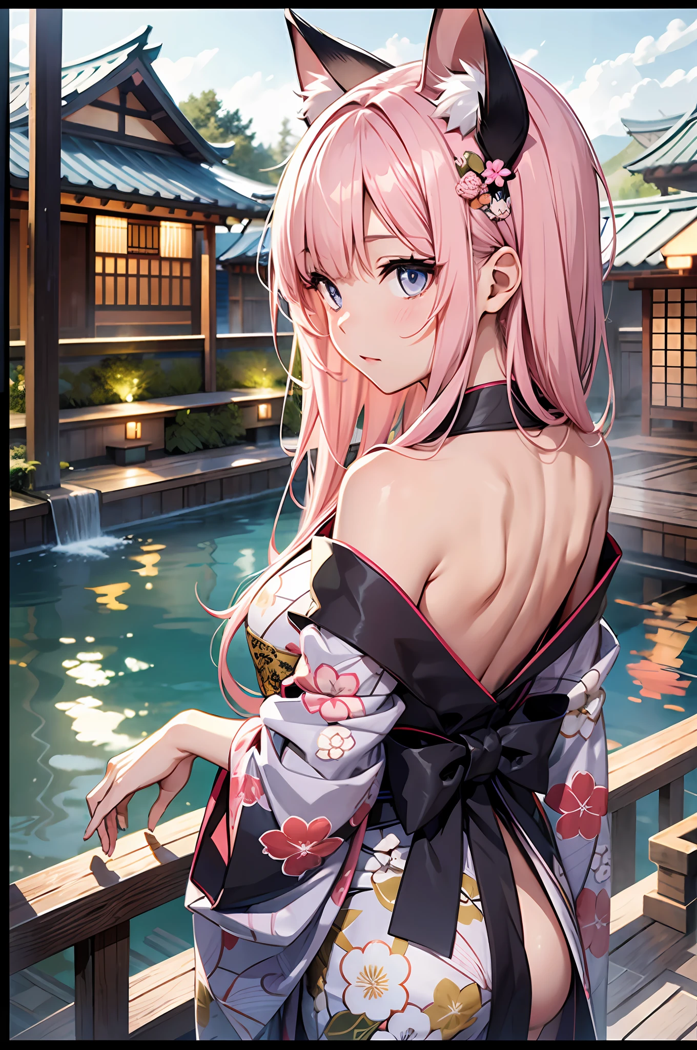 Cat's ears。Long pink hair。Back view of a girl in a kimono. Emphasize her buttocks.hot onsen、Dressing