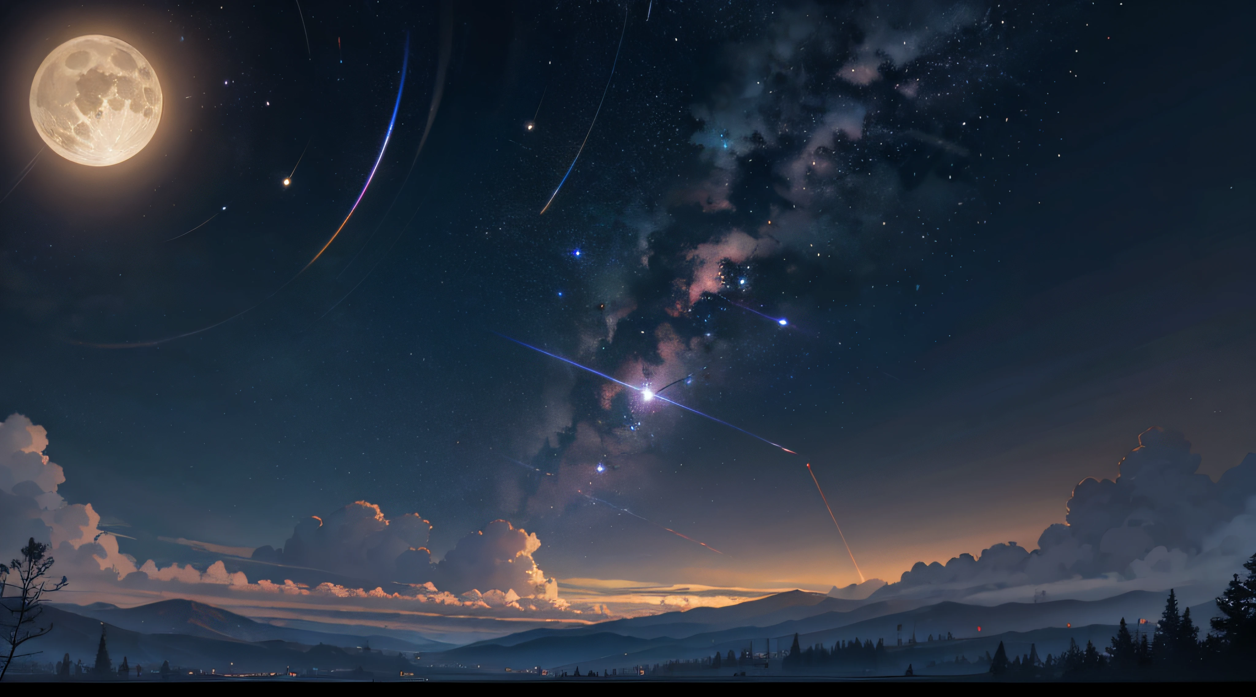 Expansive landscape photograph,(moon full:1.2),(meteors:0.9),(Starcloud:1.3),(Warm light source:1.2),(glowworm:1.2),lamp lights,Lots of purple and orange,Complicated details,Volumetriclighting,Realism BREAK(tmasterpiece:1.2),(best qualtiy),8K,Ultra-detailed,(dynamic compositions:1.4),The is very detailed,Colorful details,(Irridescent color:1.2),(luminouslighting,Atmospheric lighting),dream magical,magical,(独奏:1.2),((best qualtiy)), ((tmasterpiece)), (the detail:1.4),depth of fields,maximum definition and sharpness,perfectly proportions,Fluttering clouds,Wallpapers