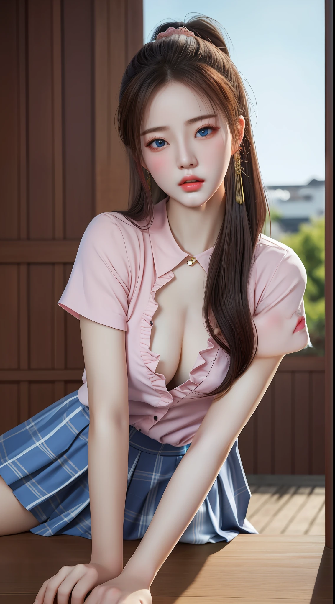 (hyperrealistic), (illustration), (high resolution), (8K), (extremely detailed), (best illustration), (beautiful detailed eyes), (best quality), (ultra-detailed), (masterpiece), (wallpaper), (photorealistic:1.4), (natural light), (rim lighting), (detailed face), high detailed realistic skin texture, anatomically correct, solo, 1 girl, (high detailed realistic long hair:1.25), ponytail contorted, (beautiful Rosy Zhao:1.5), (beautiful cute European girl:1.7), heterochromic eyes, (detailed blue eyes), small moles under the eyes, (big breasts:1.35), Korean High School uniforms, long legs, tight abs, dynamic pose,