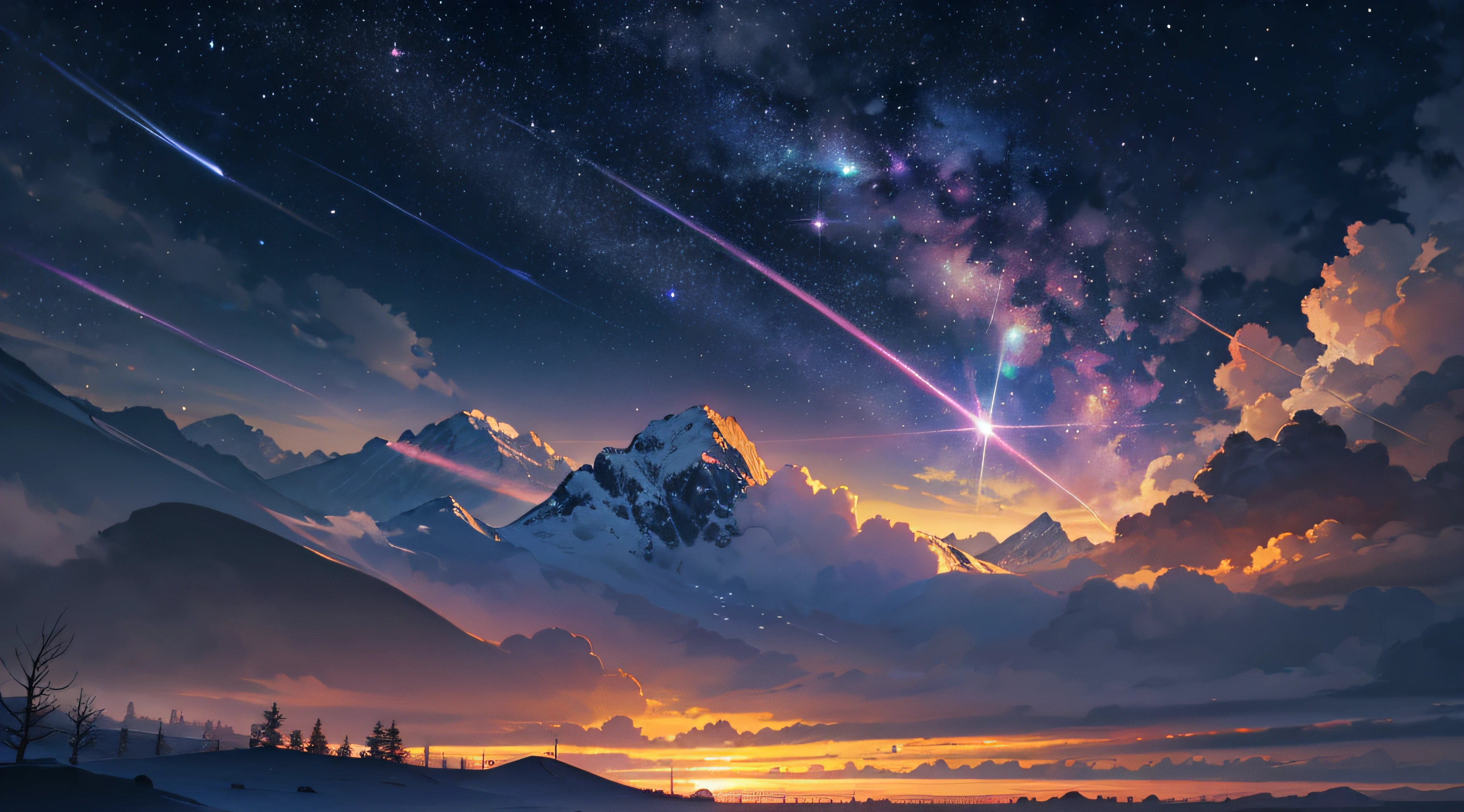 Expansive landscape photograph,(moon full:1.2),(meteors:0.9),(Starcloud:1.3),(Warm light source:1.2),(glowworm:1.2),lamp lights,Lots of purple and orange,Complicated details,Volumetriclighting,Realism BREAK(tmasterpiece:1.2),(best qualtiy),8K,Ultra-detailed,(dynamic compositions:1.4),The is very detailed,Colorful details,(Irridescent color:1.2),(luminouslighting,Atmospheric lighting),dream magical,magical,(独奏:1.2),((best qualtiy)), ((tmasterpiece)), (the detail:1.4),depth of fields,maximum definition and sharpness,perfectly proportions,Fluttering clouds,Wallpapers