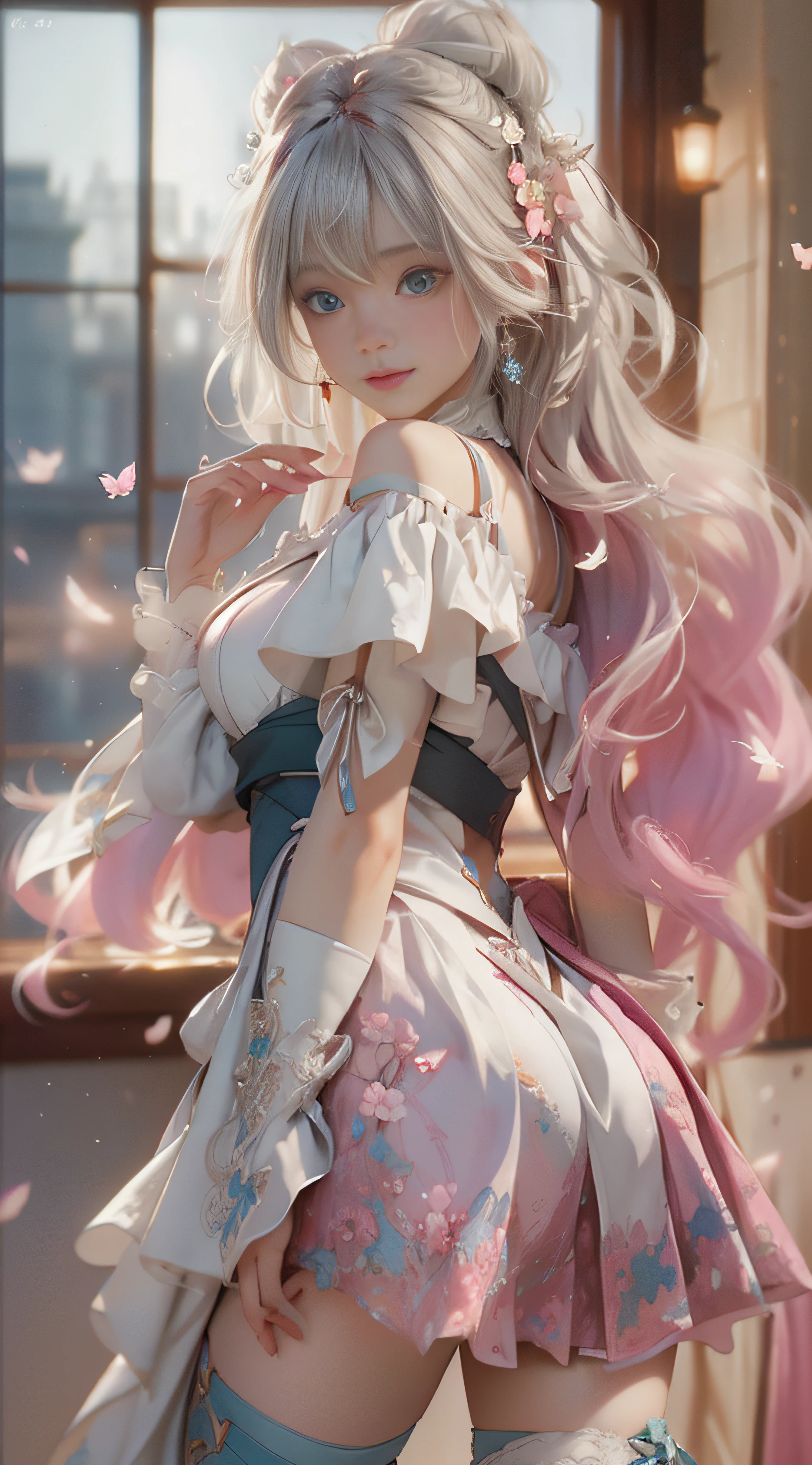 （（best qualtiy））， （（tmasterpiece））， （detail：1.4）， Beautiful cyberpunk female images，hdr（HighDynamicRange），Ray traching，NVIDIA RTX，Hyper-Resolution，illusory 5，sub surface scattering，PBR textures，post-proces，Anisotropy Filtering，depth of fields，maximum definition and sharpness，Many-Layer Textures，Albedo e mapas Speculares，Surface coloring，Mitsu-Accurate simulation of material interactions，perfectly proportioned，rendering by octane，Two-colored light，largeaperture，Low ISO，White balance，Rule three points、8K raw data、Beautiful bright blue pupils，off-the-shoulder clothes，Fine pupils，Delicate face and eyes，long eyelasher，Blushlush，Delicate and fluffy hair，pink lip，Pure，Cute face，Sweet girl，Artistic sense，Casual wear，Advancedsense，butterflys，Cherry blossom petal，Beautiful hair accessories，Long hair and waist，Hair fluttering in the wind，Snow-white fox ears，curlies，Snow-white fluffy tail，Positive light，The light from the back window is backlighted