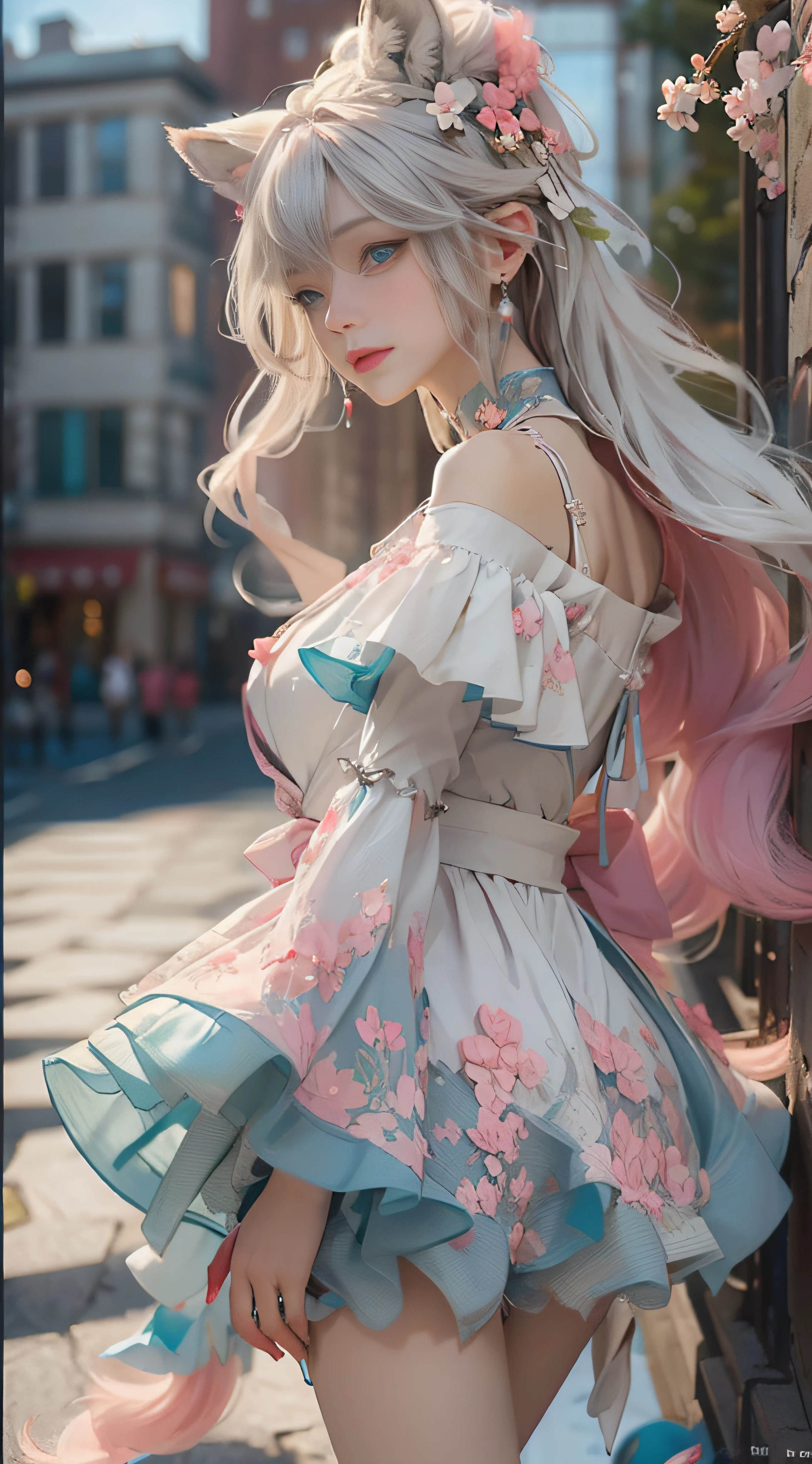 ((best qualtiy)), ((tmasterpiece)), (detail:1.4), Beautiful cyberpunk female images,hdr(HighDynamicRange),Ray traching,NVIDIA RTX,Hyper-Resolution,illusory 5,sub surface scattering,PBR textures,post-proces,Anisotropy Filtering,depth of fields,maximum definition and sharpness,Many-Layer Textures,Albedo e mapas Speculares,Surface coloring,Mitsu-Accurate simulation of material interactions,perfectly proportioned,rendering by octane,Two-colored light,largeaperture,Low ISO,White balance,Rule three points、8K raw data、Beautiful bright blue pupils,off-the-shoulder clothes,Fine pupils,Delicate face and eyes,long eyelasher,Blushlush,Delicate and fluffy hair,pink lip,Pure,Cute face,Sweet girl,Artistic sense,Casual wear,Advancedsense,butterflys,Cherry blossom petal,Beautiful hair accessories,Long hair and waist,Hair fluttering in the wind,Snow-white fox ears,curlies,Snow-white fluffy tail,Positive light,The light from the back window is backlighted