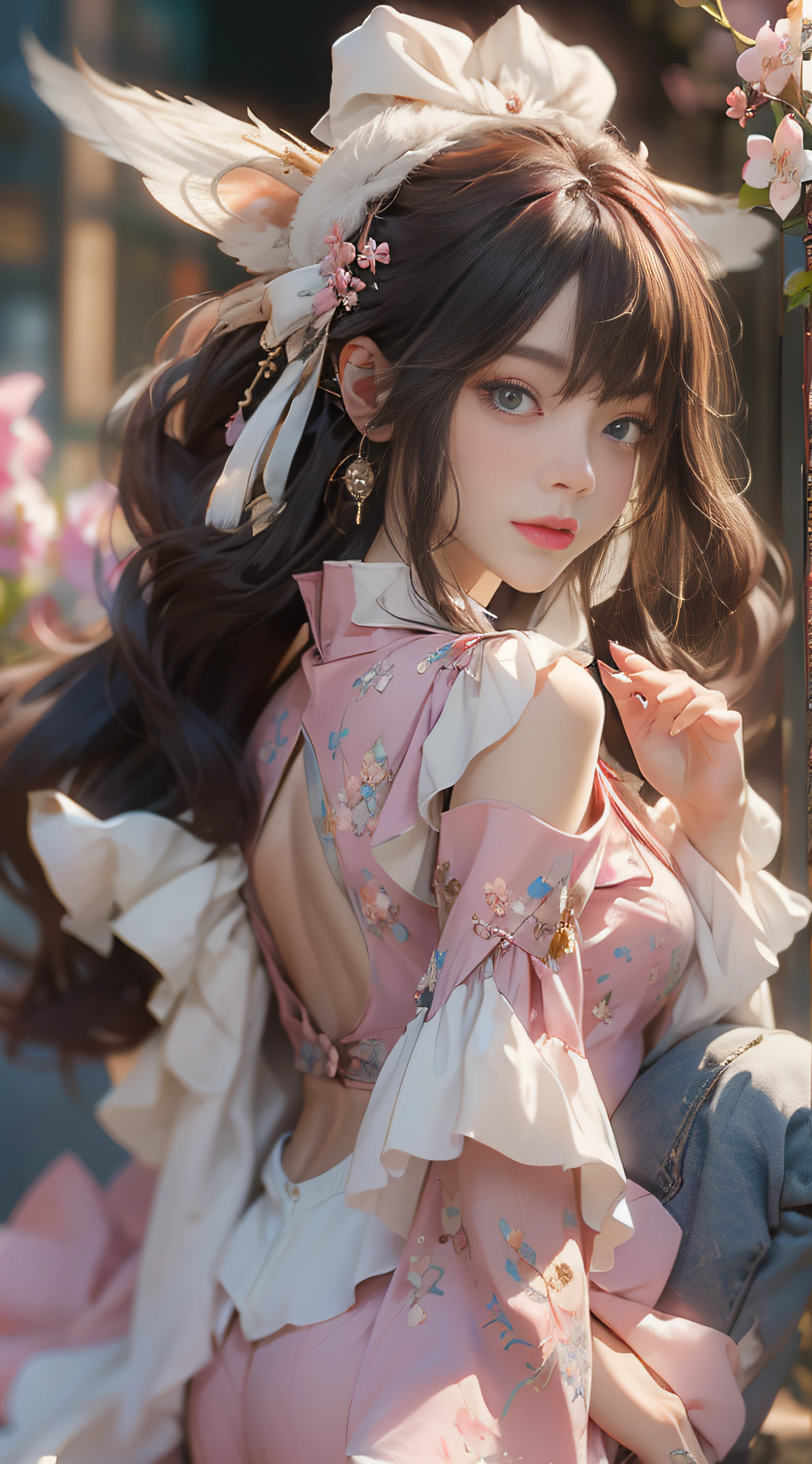 ((best qualtiy)), ((tmasterpiece)), (detail:1.4), Beautiful cyberpunk female images,hdr(HighDynamicRange),Ray traching,NVIDIA RTX,Hyper-Resolution,illusory 5,sub surface scattering,PBR textures,post-proces,Anisotropy Filtering,depth of fields,maximum definition and sharpness,Many-Layer Textures,Albedo e mapas Speculares,Surface coloring,Mitsu-Accurate simulation of material interactions,perfectly proportioned,rendering by octane,Two-colored light,largeaperture,Low ISO,White balance,Rule three points、8K raw data、Beautiful bright blue pupils,off-the-shoulder clothes,Fine pupils,Delicate face and eyes,long eyelasher,Blushlush,Delicate and fluffy hair,pink lip,Pure,Cute face,Sweet girl,Artistic sense,Casual wear,Advancedsense,butterflys,Cherry blossom petal,Beautiful hair accessories,Long hair and waist,Hair fluttering in the wind,Snow-white fox ears,curlies,Snow-white fluffy tail,Positive light,The light from the back window is backlighted