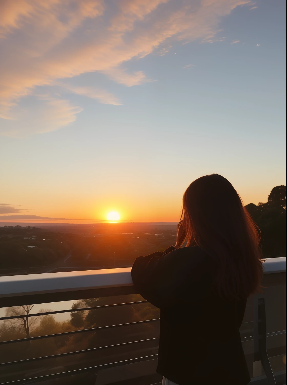 araffe woman looking at the sunset from a bridge, looking out at a sunset, girl watching sunset, looking at sunset, watching the sunset, looking off into the sunset, with sunset, sunset view, with a sunset, at a beautiful sunset, during a sunset, sunset time, watching the sun set. realistic , in the sunset, at the sunset, sunset mood