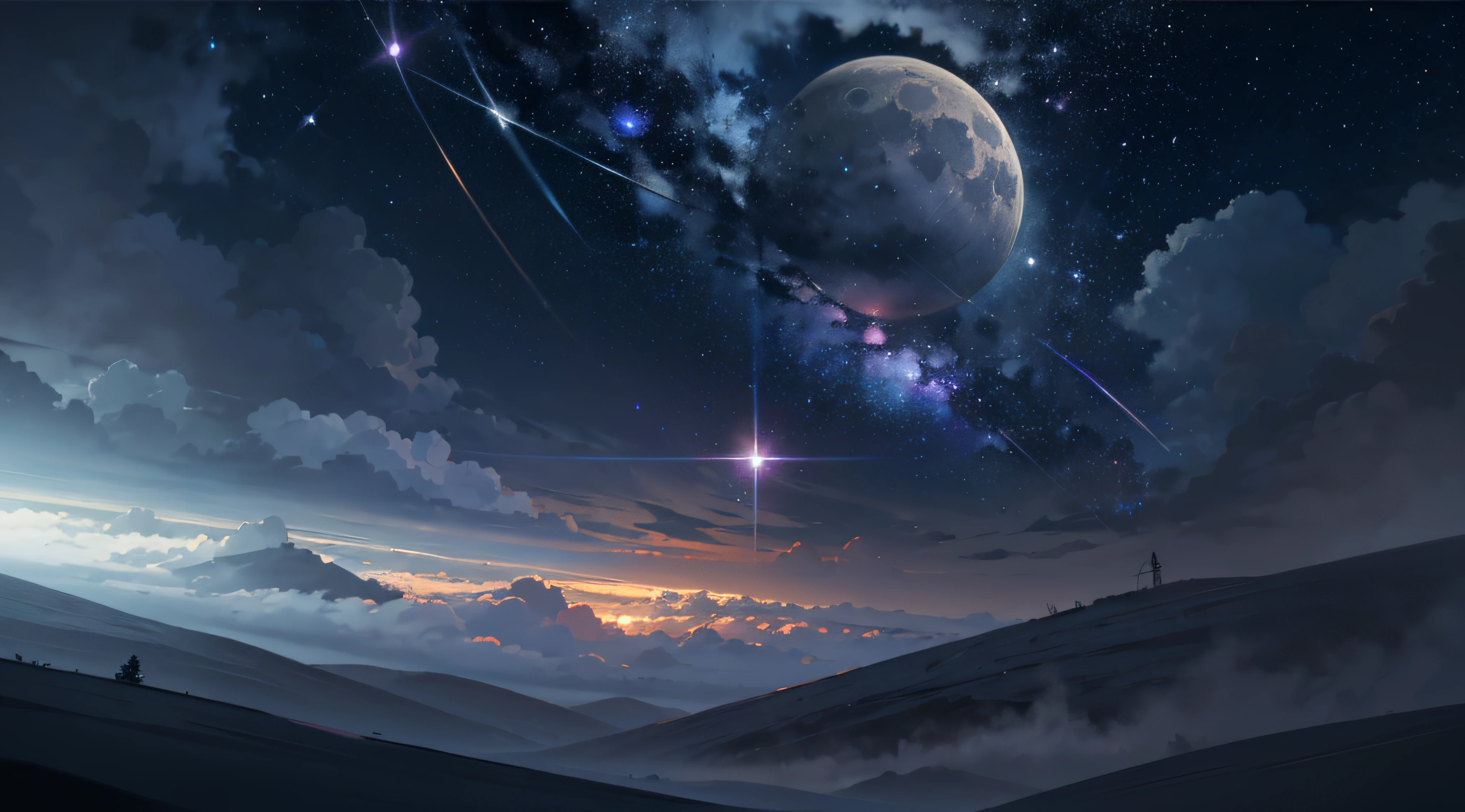 Expansive landscape photograph,(moon full:1.2),(meteors:0.9),(Starcloud:1.3),(Warm light source:1.2),(glowworm:1.2),lamp lights,Lots of purple and orange,Complicated details,Volumetriclighting,Realism BREAK(tmasterpiece:1.2),(best qualtiy),8K,Ultra-detailed,(dynamic compositions:1.4),The is very detailed,Colorful details,(Irridescent color:1.2),(luminouslighting,Atmospheric lighting),dream magical,magical,(独奏:1.2),((best qualtiy)), ((tmasterpiece)), (the detail:1.4),depth of fields,maximum definition and sharpness,perfectly proportions,Fluttering clouds,Wallpapers