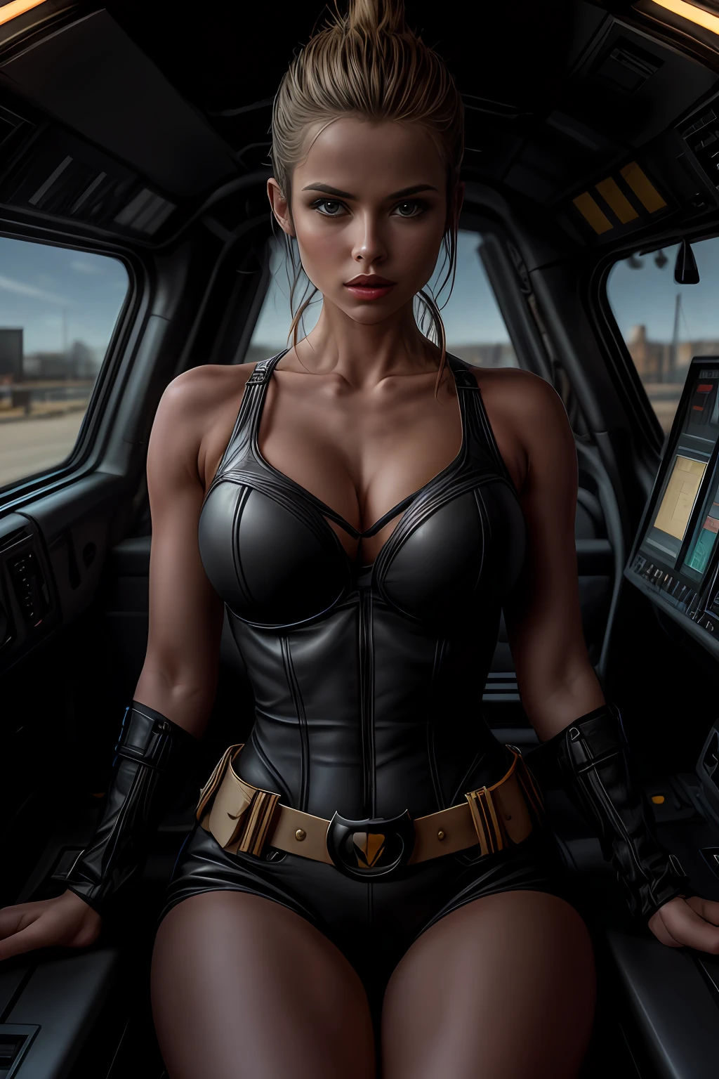 (Extremely detailed 8k wallpaper), bat girl sitting in a futuristic fighter jet cockpit, black futuristic fighter jet cockpit, sitting in black leather pilot seat, sitting in leather seat in cockpit, futuristic fighter jet cockpit:1.3, batgirl:1.2, confident, many switches and lights, long hair, bra, sexy top, short top:1.2, calm, modern futuristic clothing, complex, highly detailed, and dramatic, cinematic lighting, bright scene, soft lights, large breasts:1.4, nsfw:1.4, fit girl, lean girl, dark gray tight leather clothes, cleavage, batman logo:1.4