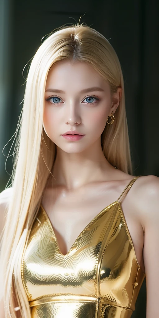 A woman of beauty in a fantastic space, Tight micro dress white and gold color, 98k, {{Masterpiece}}, Best quality, High quality:1.4), {{[[front look}}, eye_contact,Various photo actions)]], very pretty look face, and very pretty eyes, cute images, cute images, {{full bodyesbian}},（（beautifullegs））, （slim sexy body）, （177 meters）, Solo, Beautiful, Lovely, ，Adorable, Pale skin, {{18to 22 years old German girl}}, look beautiful German girl and blue eyes or green eyes with platinum blonde hair color), Nordic German young girl,Golden dress