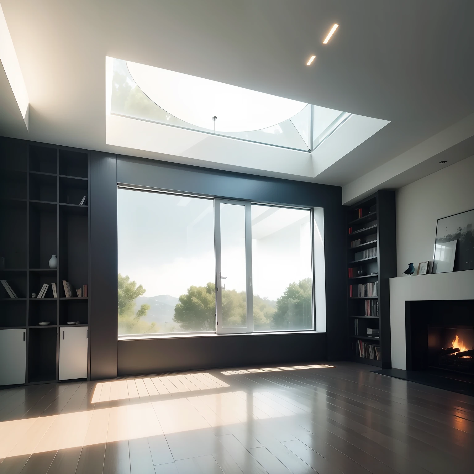 Minimalist and divine interior space,Futuristic。A meadow outside the window,The sky is clear,Birds dancing,Flowers sing。
The interior has a living atmosphere,There was a fireplace,sofe,There are bookshelves,There is temperature,There are story scenarios,You can see mysterious light and shadow outside the window。