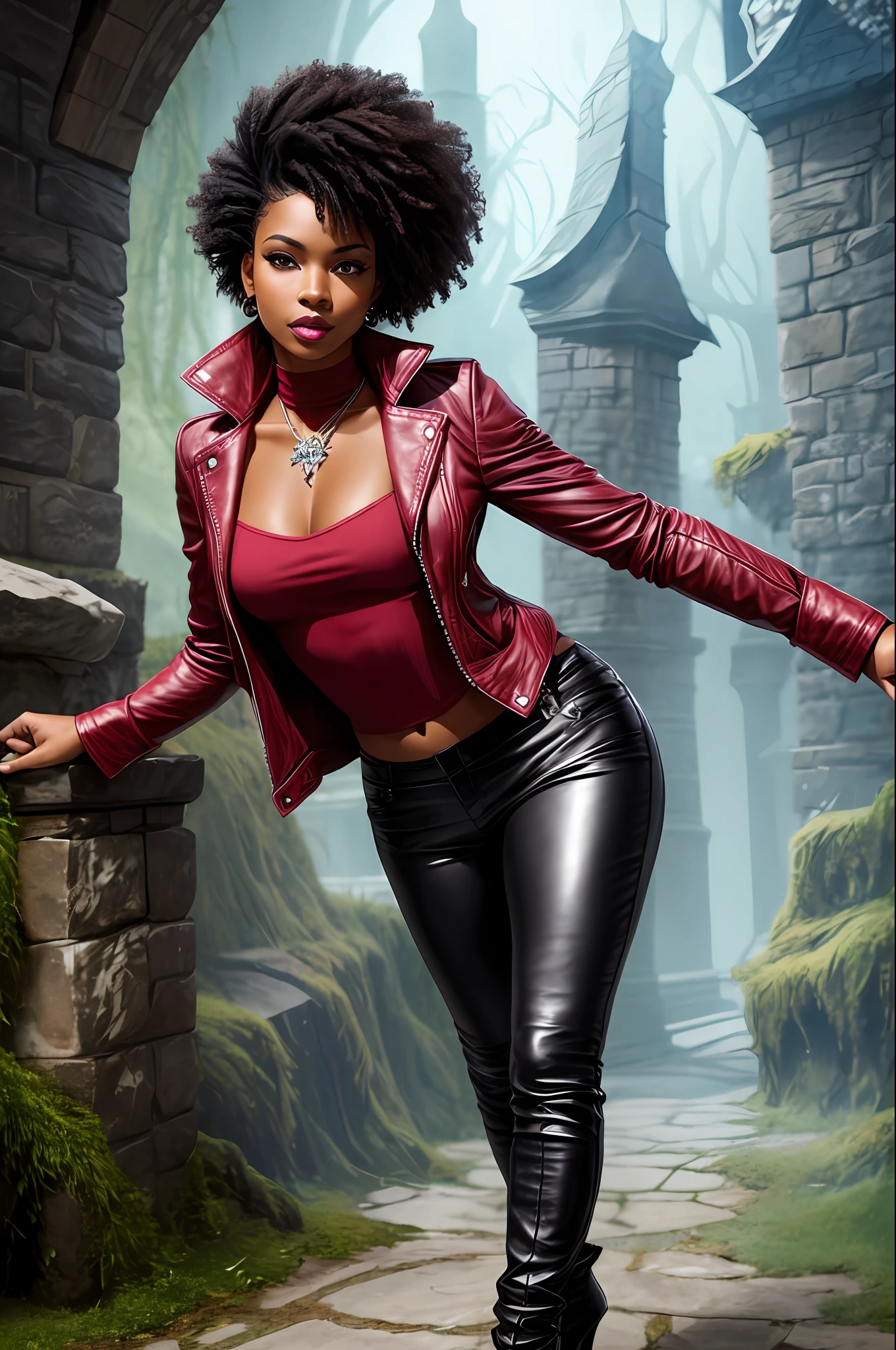 beautiful black woman wearing a leather jacket and leather pants, adventurer thief, full body shot, black skin, high heels, boots, black hair, high cheekbones, ((fantasy rouge)), tavern background, 1girl, short hair