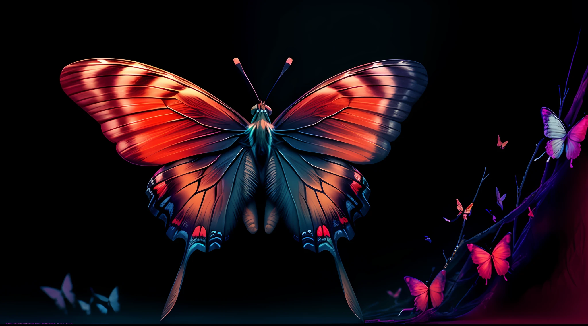 A butterfly,colorful,Beautiful brilliant wings,fei,Dynamic,photography of,big breasts beautiful,with black background, tmasterpiece,top-quality,best qualityer,offcial art,Beautiful and beautiful,realisticlying,