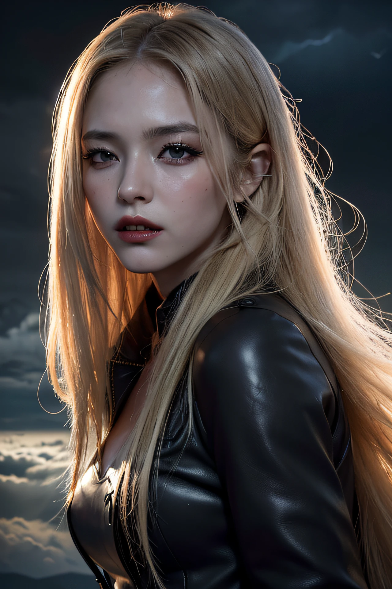 Best quality, masterpiece, ultra high res, (photorealistic:1.4), raw photo, 1girl, long blonde hair, detailed eyes and face, (weaing black vampire costume), (magichour-lighting, deep dark), deep shadow, low key, cowboy shot full-lenght body, ((close eyes)), ((background,clouds with lightning, swarm of bats filled the sky))