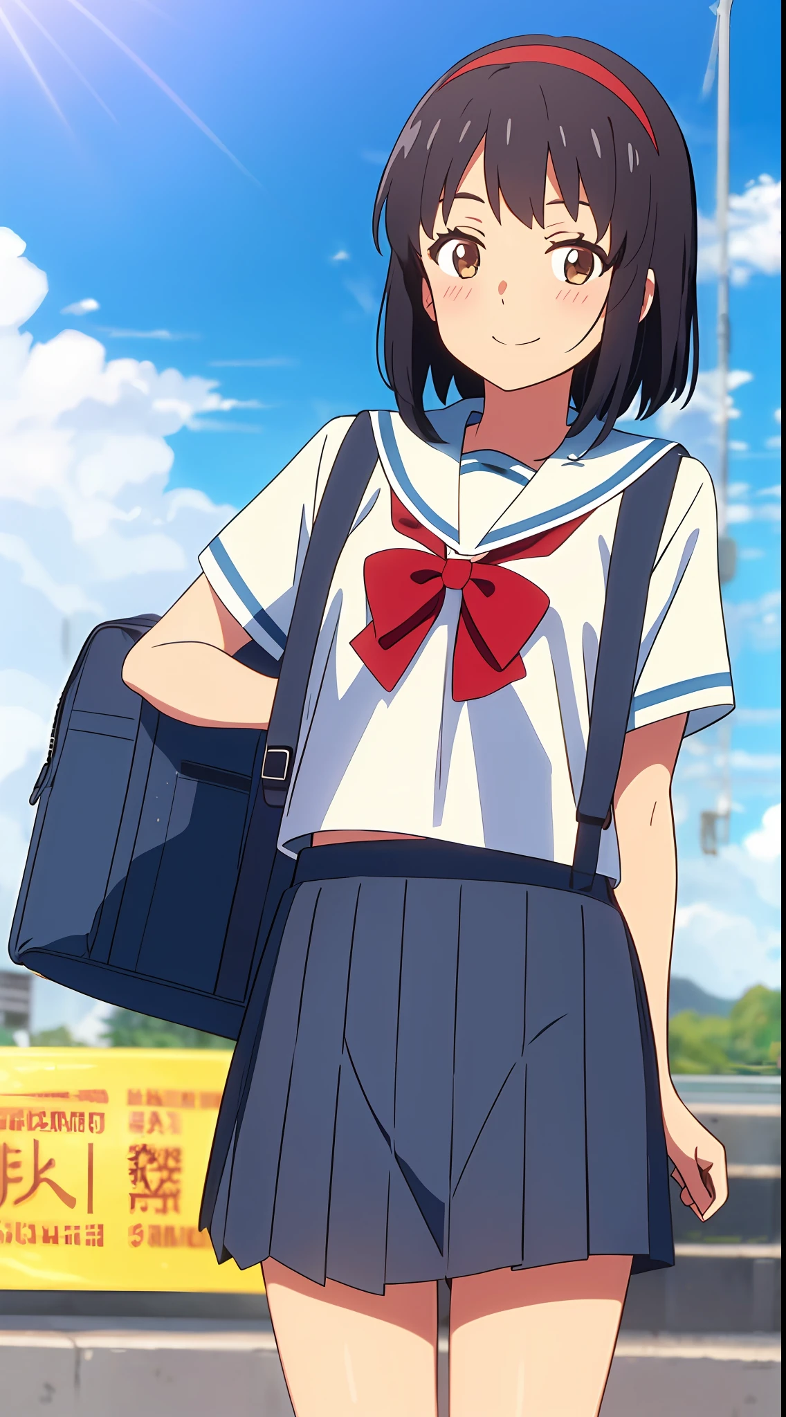 shinkai makoto, kimi no na wa., 1girl, bangs, black hair, blush, brown eyes, sky, cloud, sailor collar, blue sailor collar, sailor color, white sailor color, serafuku, looking at the viewer, outdoors, red headband, red ribbon, red bow, school uniform, short hair, smile, solo, shirt, blue skirt, pleated skirt, short sleeves, school backpack