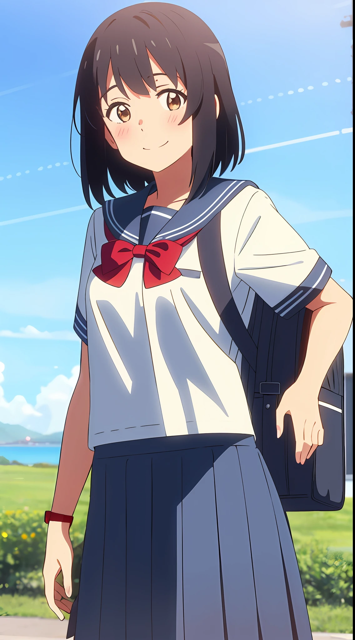shinkai makoto, kimi no na wa., 1girl, bangs, black hair, blush, brown eyes, sky, cloud, sailor collar, blue sailor collar, sailor color, white sailor color, serafuku, looking at the viewer, outdoors, red headband, red ribbon, red bow, school uniform, short hair, smile, solo, shirt, blue skirt, pleated skirt, short sleeves, school backpack
