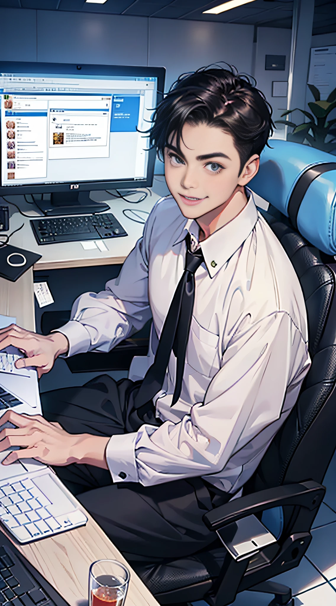 Boy student,Single: A young man with short black hair in a school uniform is typing in an Internet café and smiling