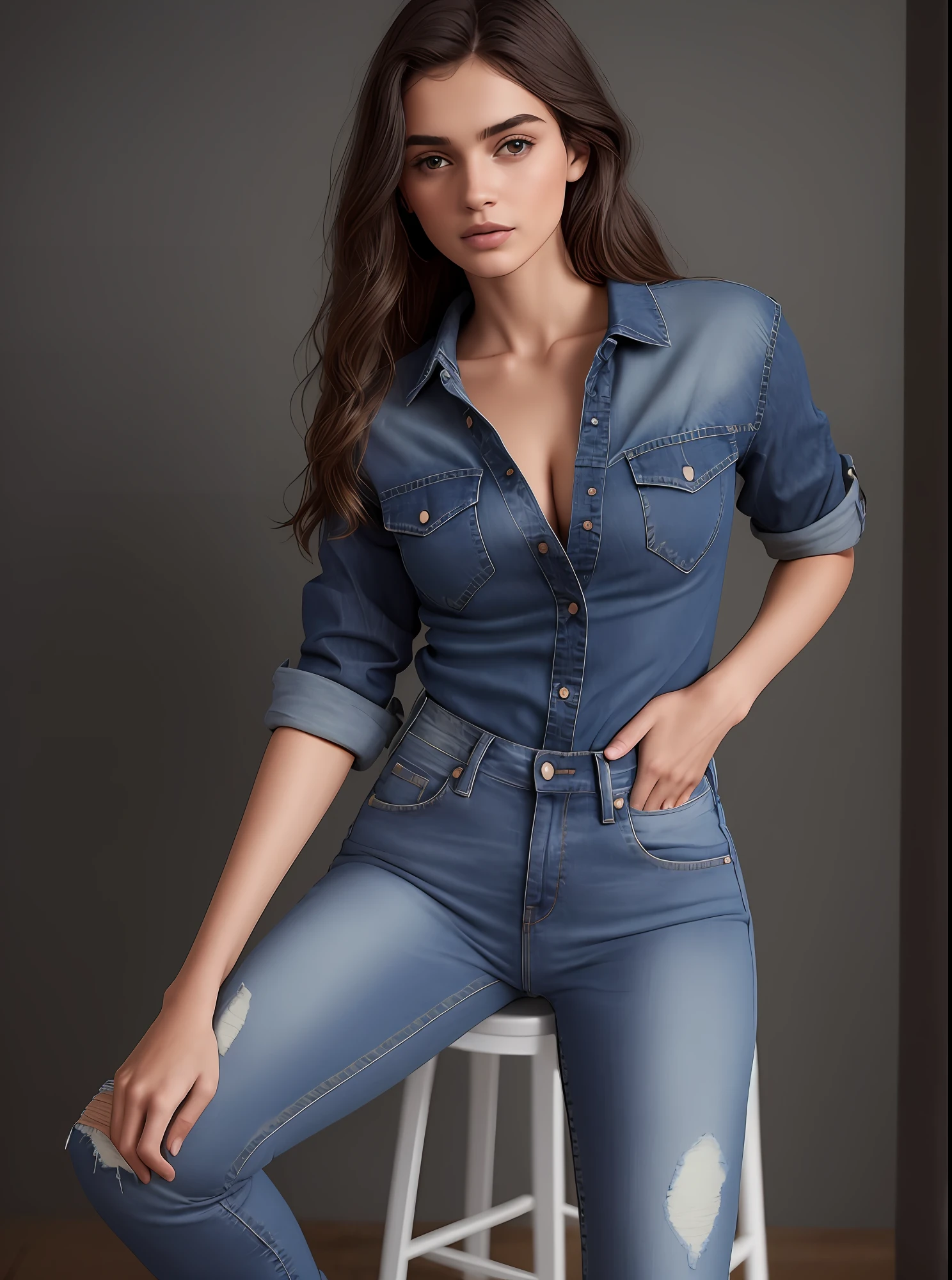 uma linda mulher de camisa jeans e jeans sentada em um banquinho, jeans duplo, wearing a shirt and a jeans, usando jeans duplo, usando jeans, wearing a dark shirt and jeans, foto de modelo de menina slim, modelo da mulher, 2 Modelo feminina de 4 anos, modelo deslumbrante, modelo bonito, Denim, Modelo feminino, modelo posando, ( ( ( wearing jeans ) ) )