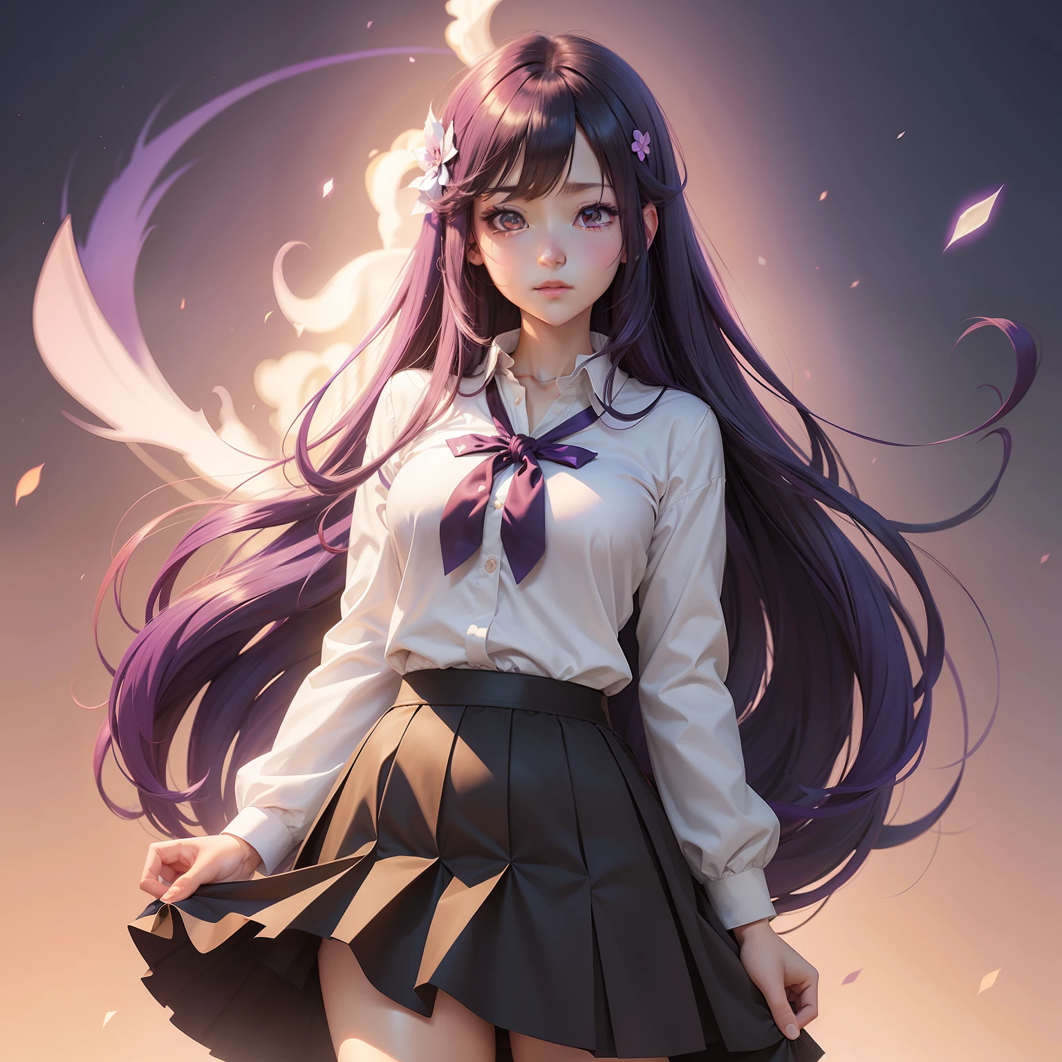 Gorgeous Hair in Long Purple,Anime girl with white shirt and black skirt, anime moe art style, hanayamata, visual novels CG, gapmoe yandere, Smooth anime CG art, Soft anime illustration, no game no life, ; visual novel, Surrealism female students, Beautiful Anime High School Girls, Misato Katsuragi, zerochan art