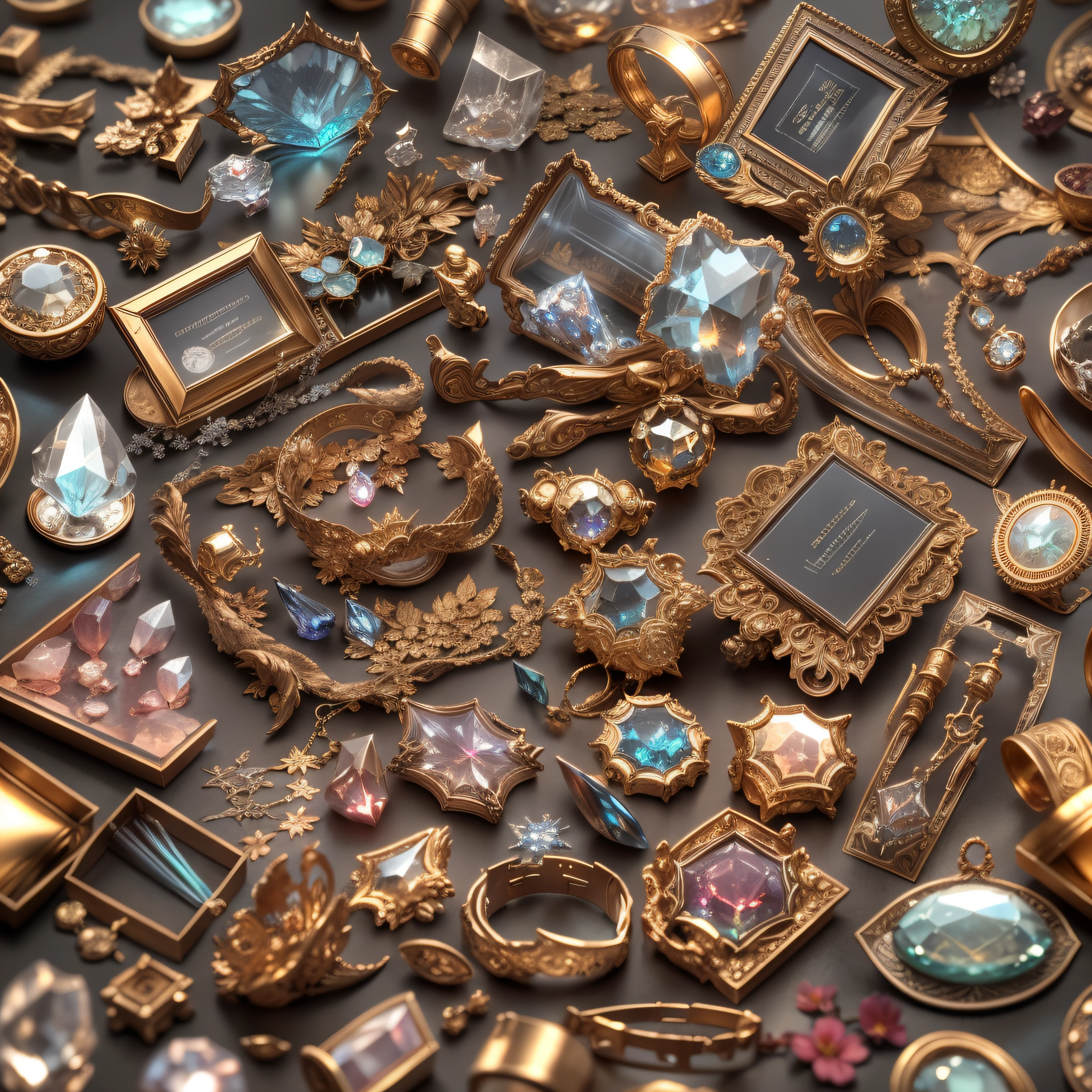 （Full Focus）,Antiques in display cases，Jewelry in display case，Crystal gemstones in display case,Gold and silver,High-tech desktop， High-value jewelry,，High-value metals，luxury goods，（Full Focus），Puzzles are prohibited, Detailed and complex background, glittery, reflective light, hyper HD, Award-Awarded, A high resolution, High detail, Chiaroscuro, Cinematic lighting, Masterpiece, Ray traching，structurally correct, Super detail, High quality, High details, Best quality, 16k