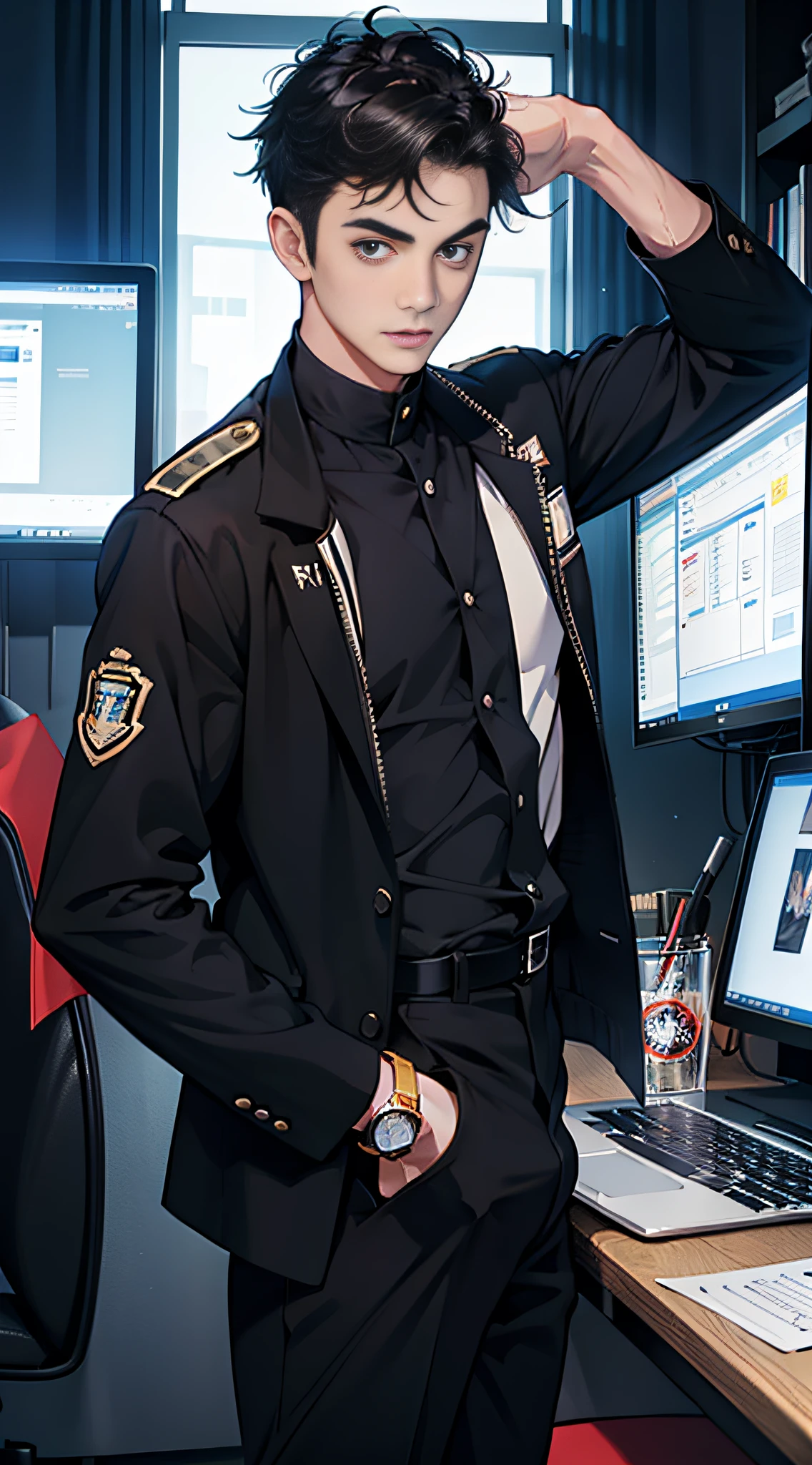 Boy student,Single: A young man with short black hair in a school uniform is looking at his watch in an Internet café