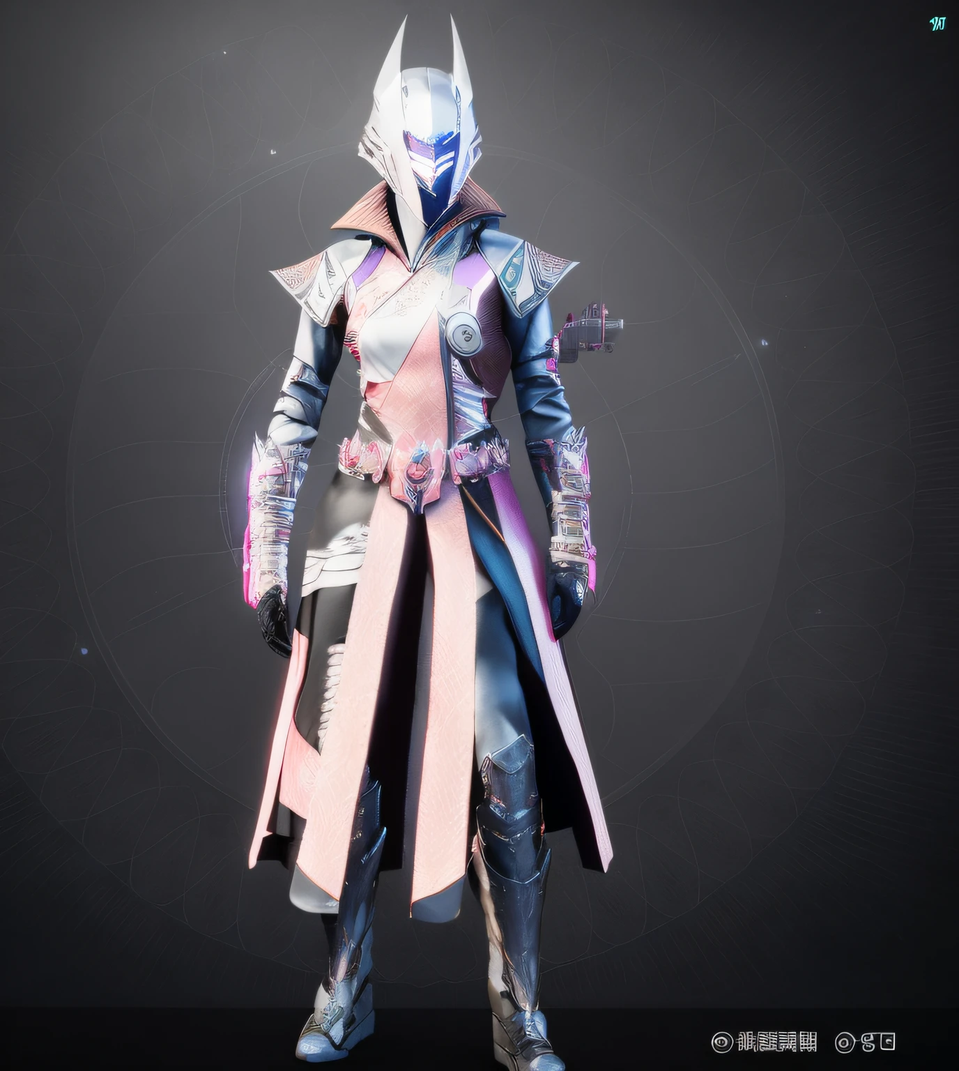 Destiny 2 Warlock image of a woman holding a sword in a futuristic costume, lunar themed attire, Wears a pointy-eared white helmet,sliver ice color reflected armor, Sharp white armor Smooth pink armor, cyberpunk pearl armor, futuristic outfit, ornate cyberpunk robes, Render 8k octane, dystopian scifi outfit, 8 k character details, in a dark space mercenary outfit, multilayered outfit