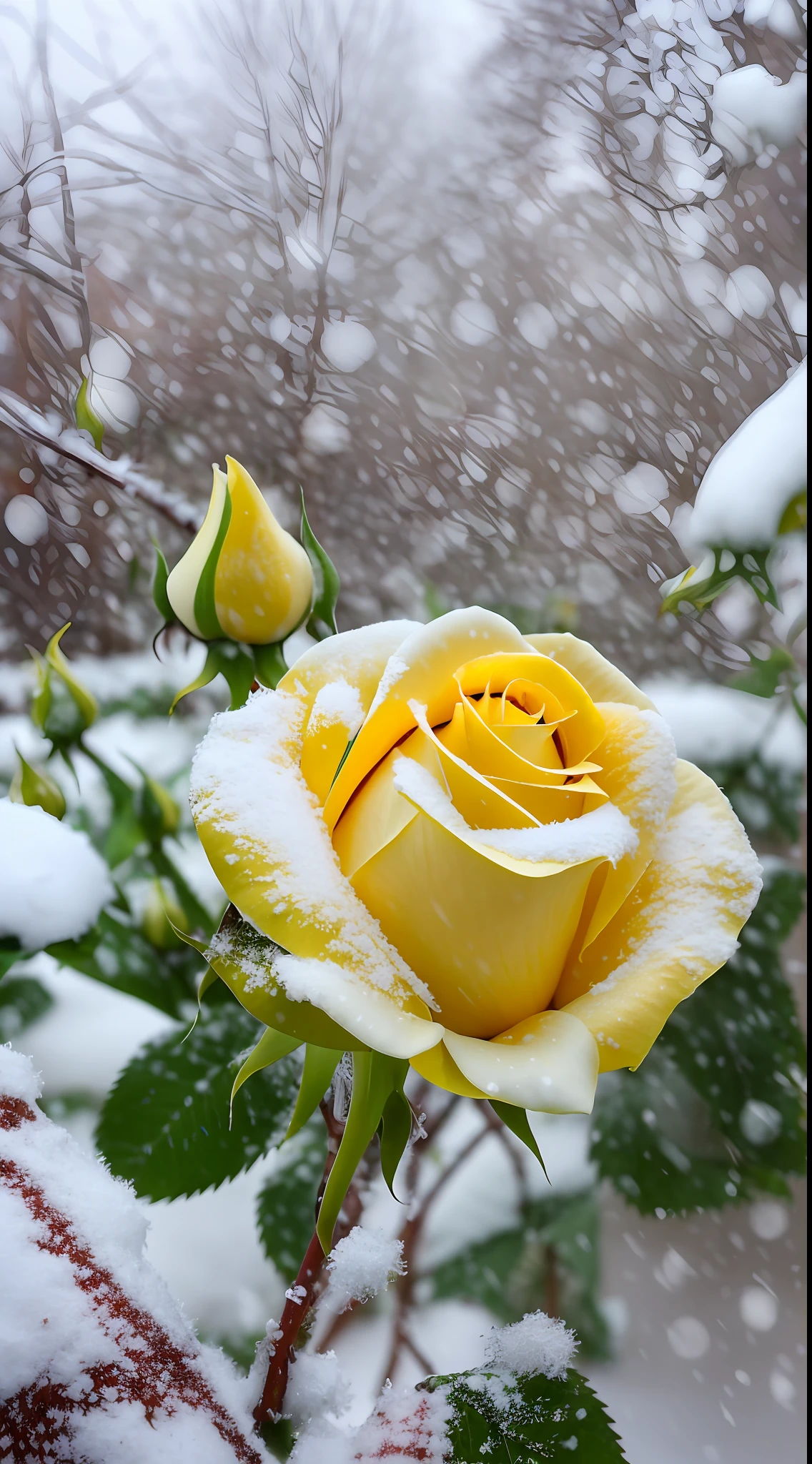 Yellow rose in the snow, Covered with snow, with frozen flowers around her, pale as the first snow of winter, Winter in the snow, Gentle snow, Still life with snow, Yellow rose, Cold but beautiful, Natural snowmelt in spring and winter, snow snow, during snowfall, Beautiful composition, in snow, In winter, cold snowy, In the snow