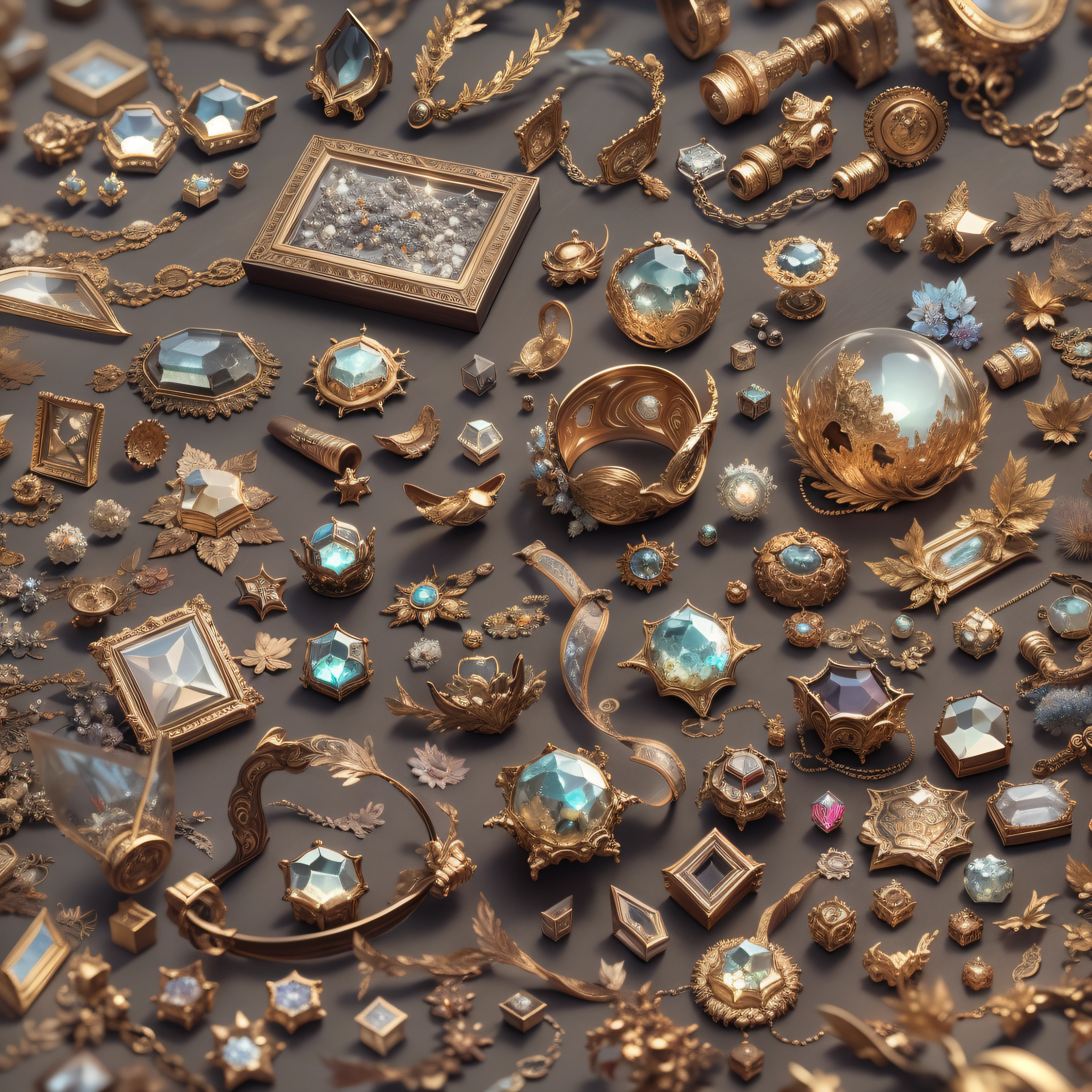 （Full Focus）,Antiques in display cases，Jewelry in display case，Crystal gemstones in display case,Gold and silver,High-tech desktop， High-value jewelry,，High-value metals，luxury goods，（Full Focus），Puzzles are prohibited, Detailed and complex background, glittery, reflective light, hyper HD, Award-Awarded, A high resolution, High detail, Chiaroscuro, Cinematic lighting, Masterpiece, Ray traching，structurally correct, Super detail, High quality, High details, Best quality, 16k