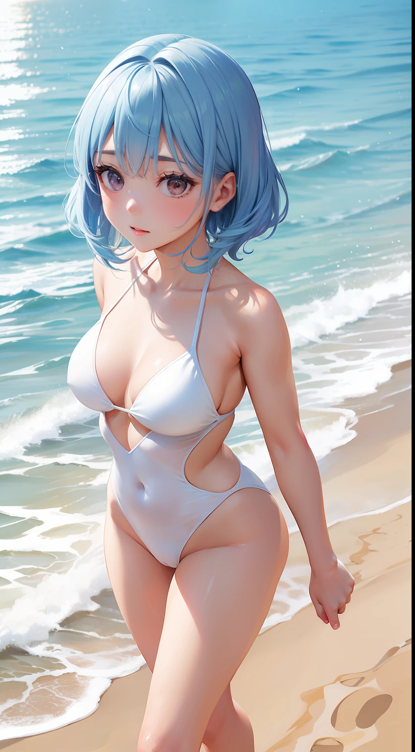 (1 beautiful woman、独奏:3)、(full-body view、Walking on the beach:3)(white colors、Tankini、swim wears:and beach。hightquality。high-level image quality。Realistic texture。Realistic skin feeling。Realistic wrinkles。(Light blue hair、Shorthair。Slim body、Toned body:3)